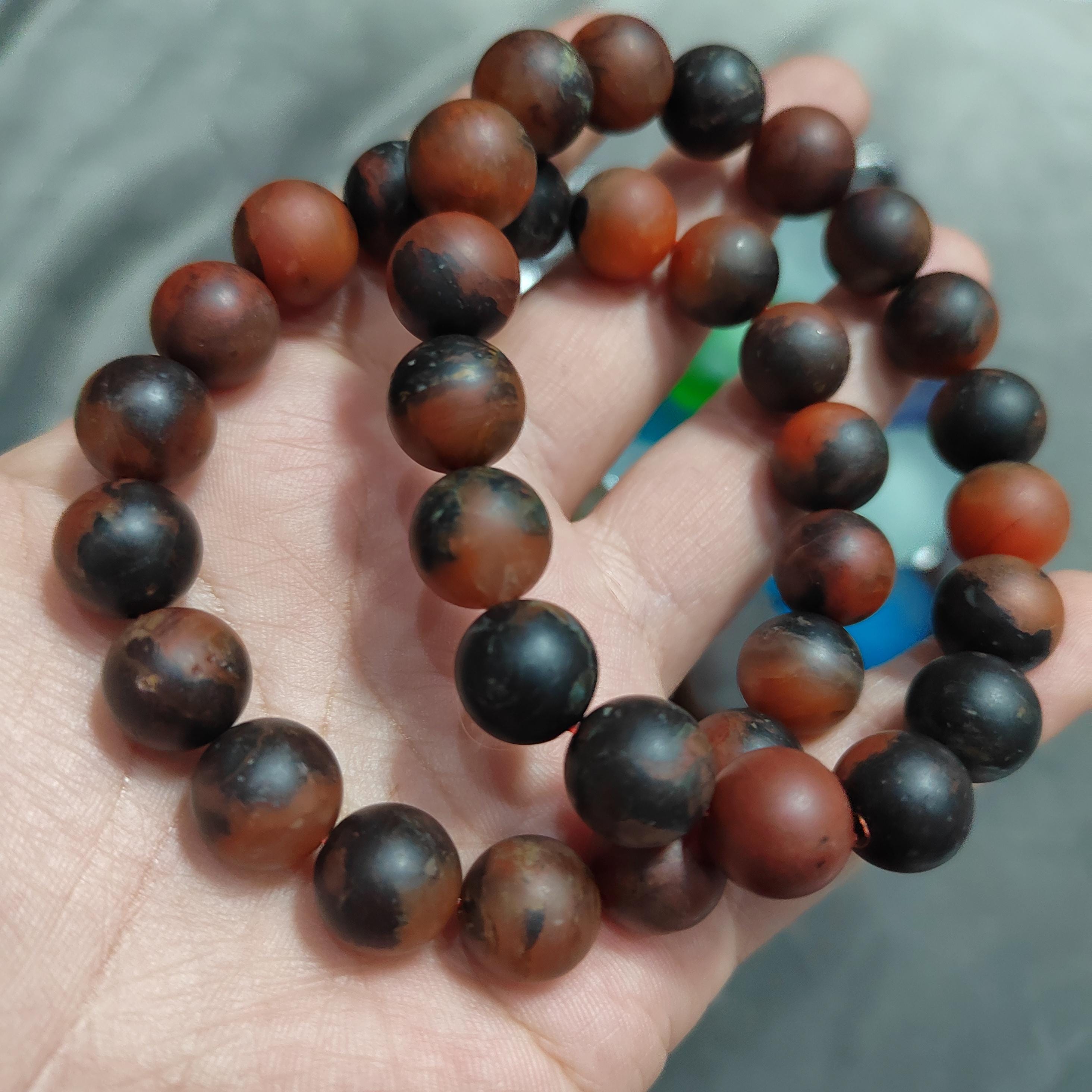 Ebony Wood Bead Bracelet Set with Certified Baoshan Nanhong Agate Matte 11.5mm | 2pcs Natural Bracelets 15mm & 11.5mm SL379