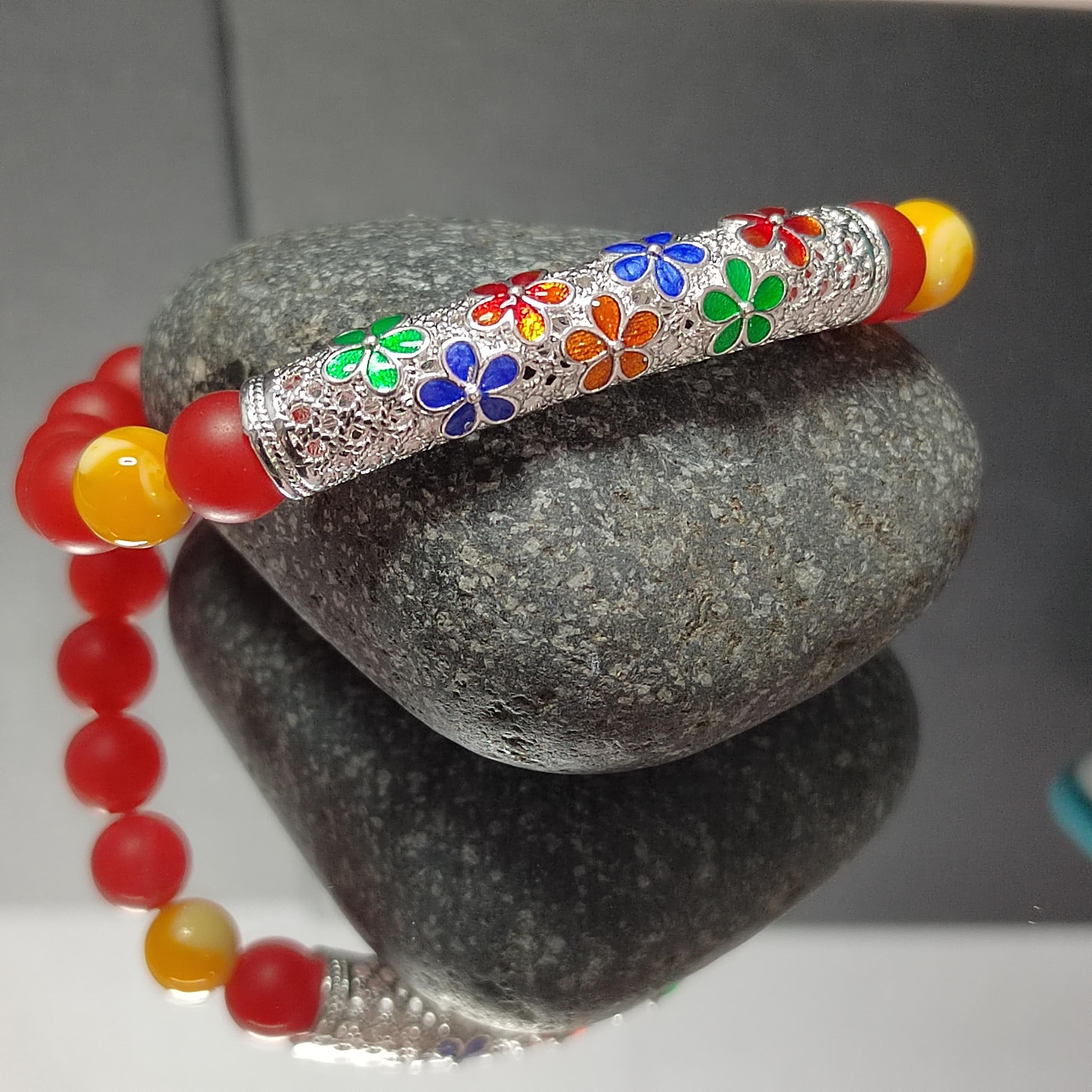 Natural Southern Nanhong Agate Matte, Russia Baltic Beeswax Amber, S9999 Silver Plated Tube Enamel Craftsmanship Bracelet SL334