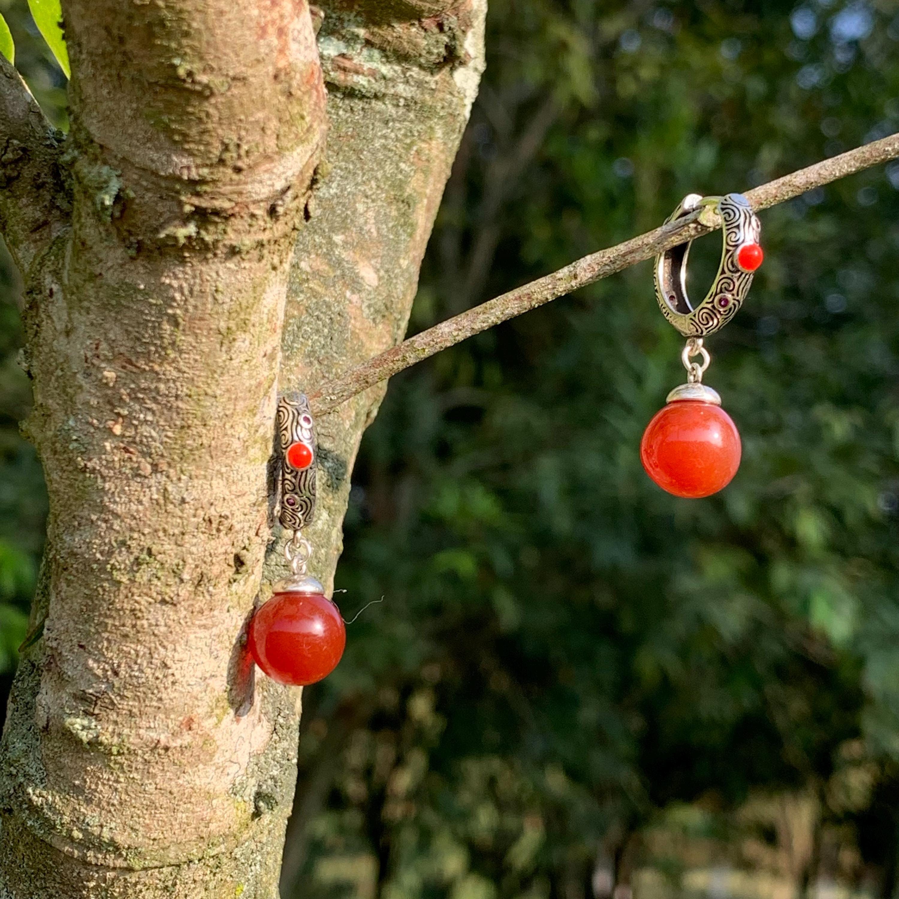 Elegant S925 Silver Design Hoop/Dangle Earrings | Certified A-Grade Natural Baoshan Southern Red Nanhong Agate SL256X15 - SL Precious