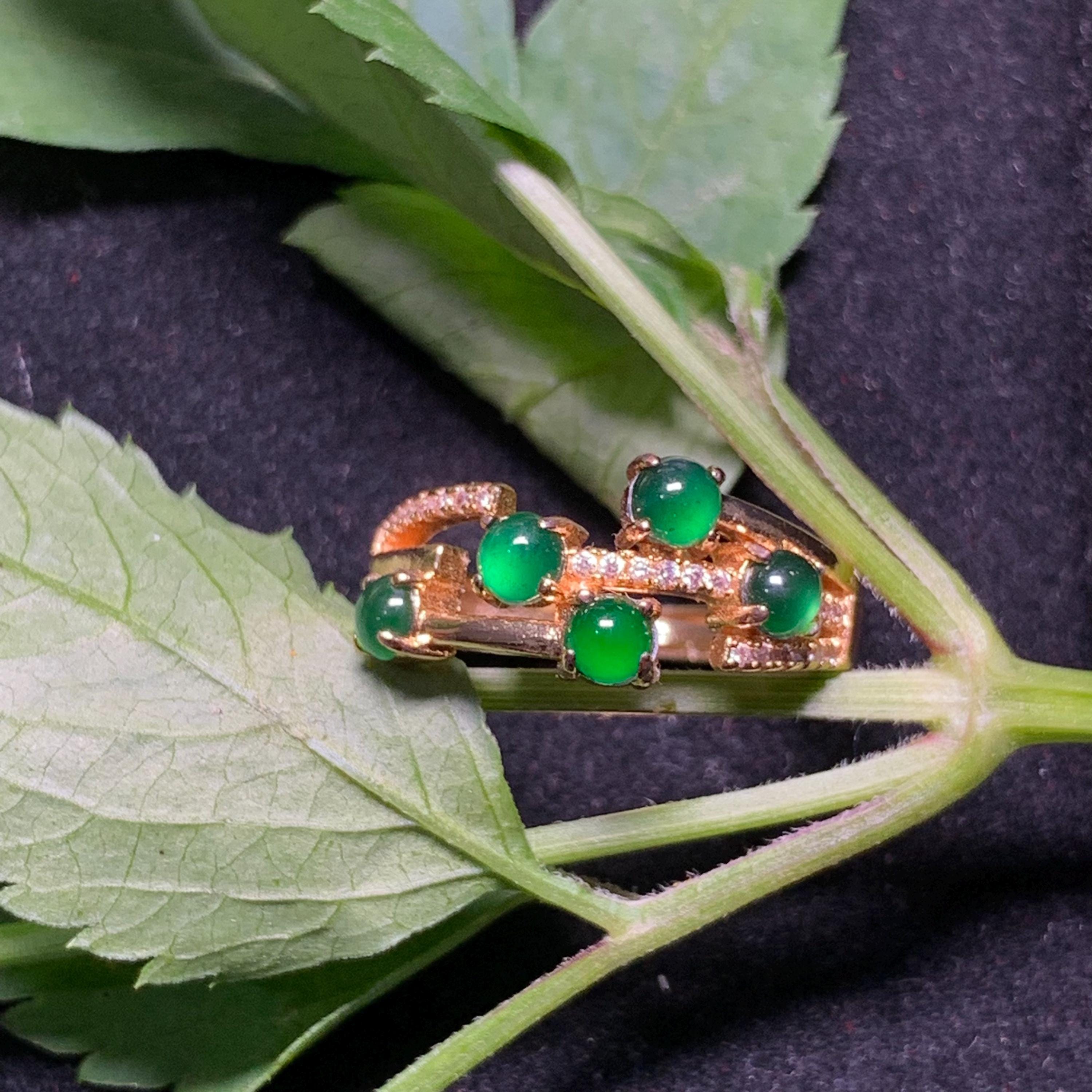 Elegant 5pcs Certified Imperial Green Guatemala Jadeite Rings, Untreated Natural Gemstones with Zircon, 18K Gold Plated SL247X6 - SL Precious