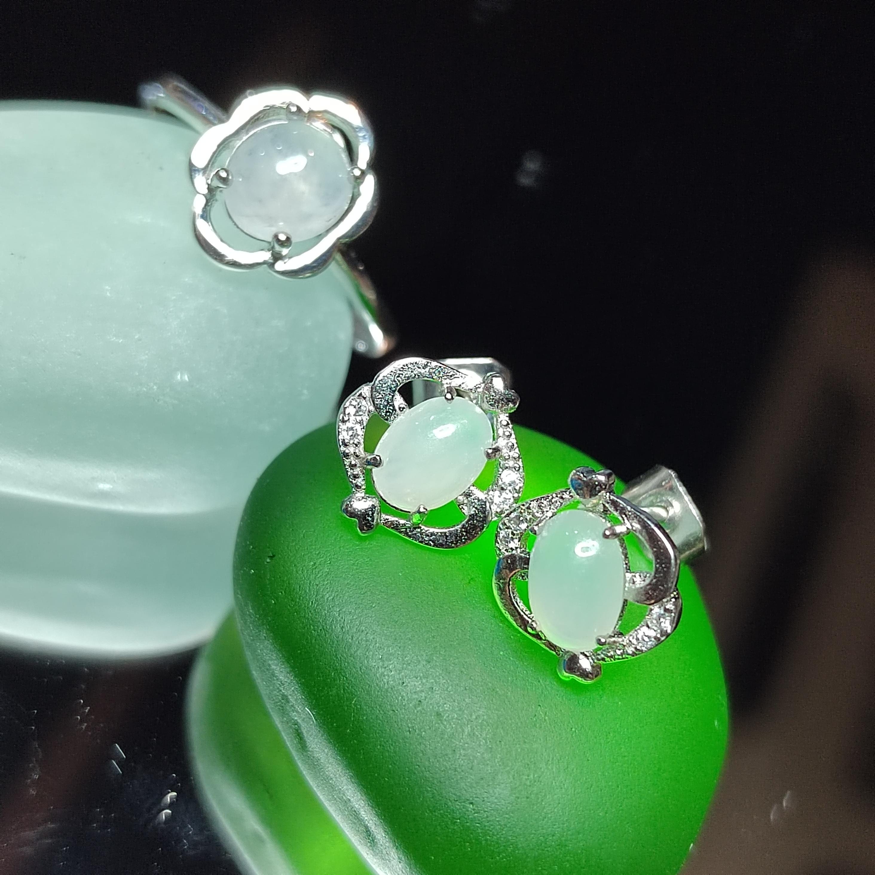 Minimalist Natural Burmese Icy White Jadeite Ring & Earrings | S925 Sterling Silver | Pure Type A Jade Set SL412 - SL Precious