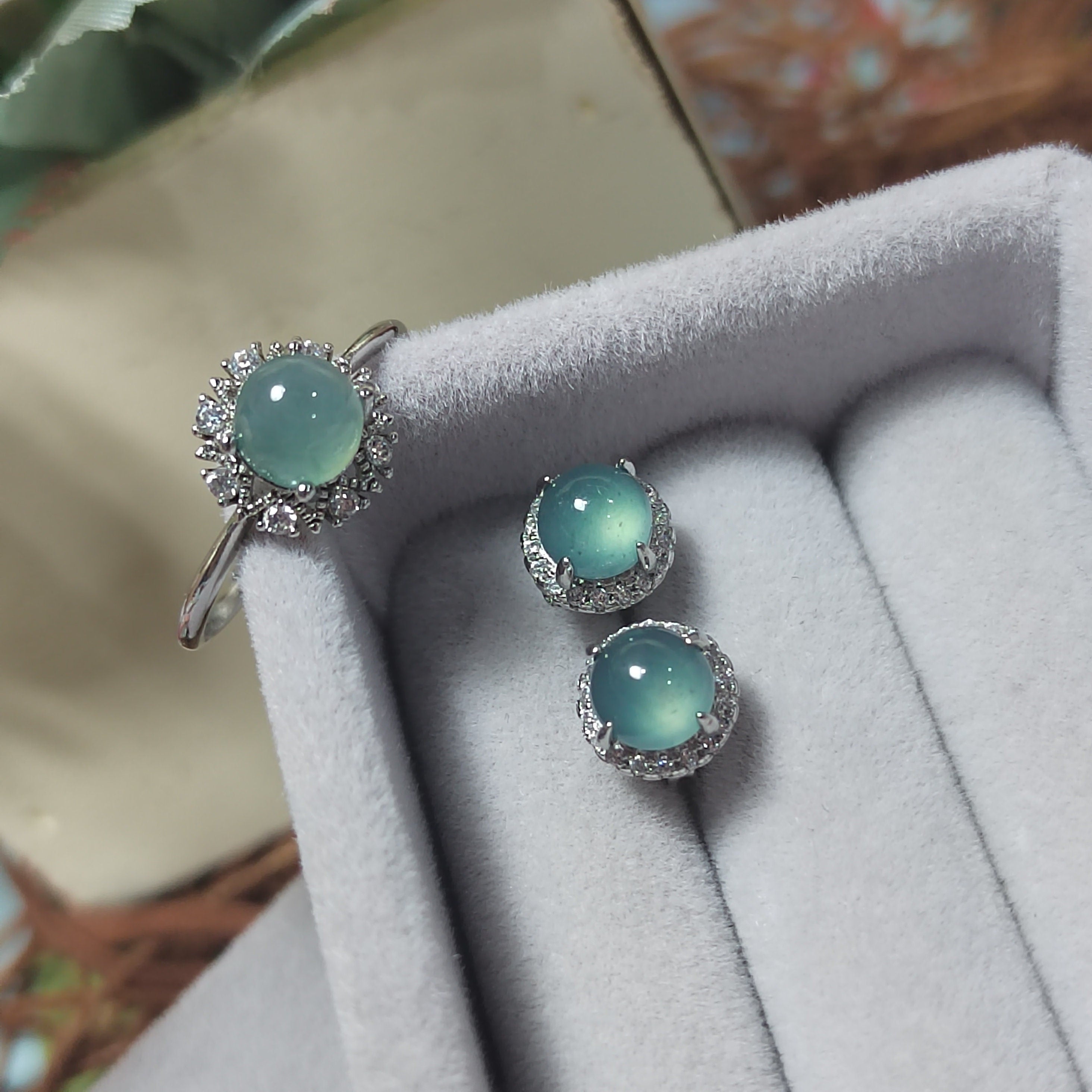 Round Ocean Blue 2pcs Set Earring & Ring Light Bump A Grade Natural Gemstone  Guatemala Jadeite For Her Minimalist SL075 - SL Precious