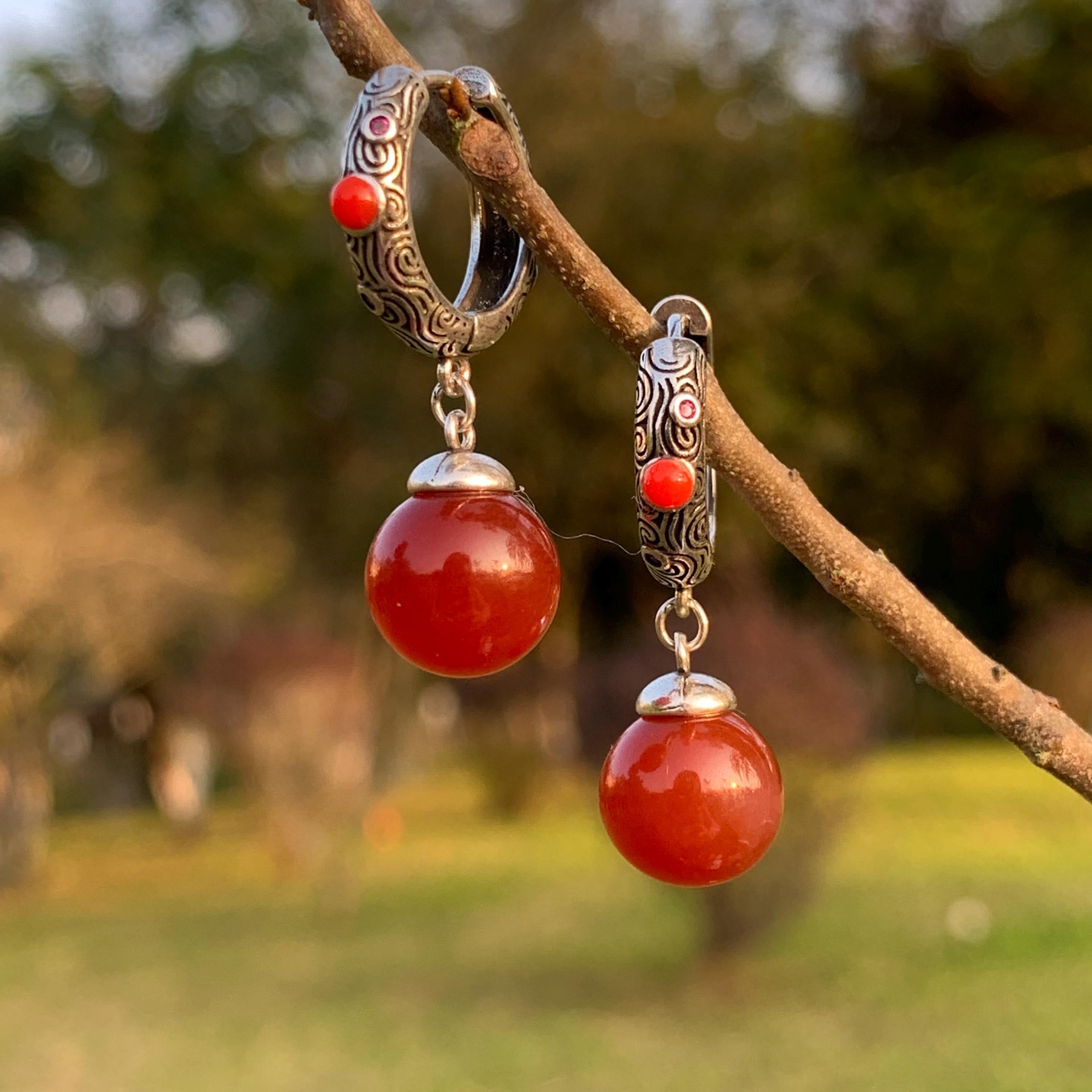 Elegant S925 Silver Design Hoop/Dangle Earrings | Certified A-Grade Natural Baoshan Southern Red Nanhong Agate SL256X15 - SL Precious