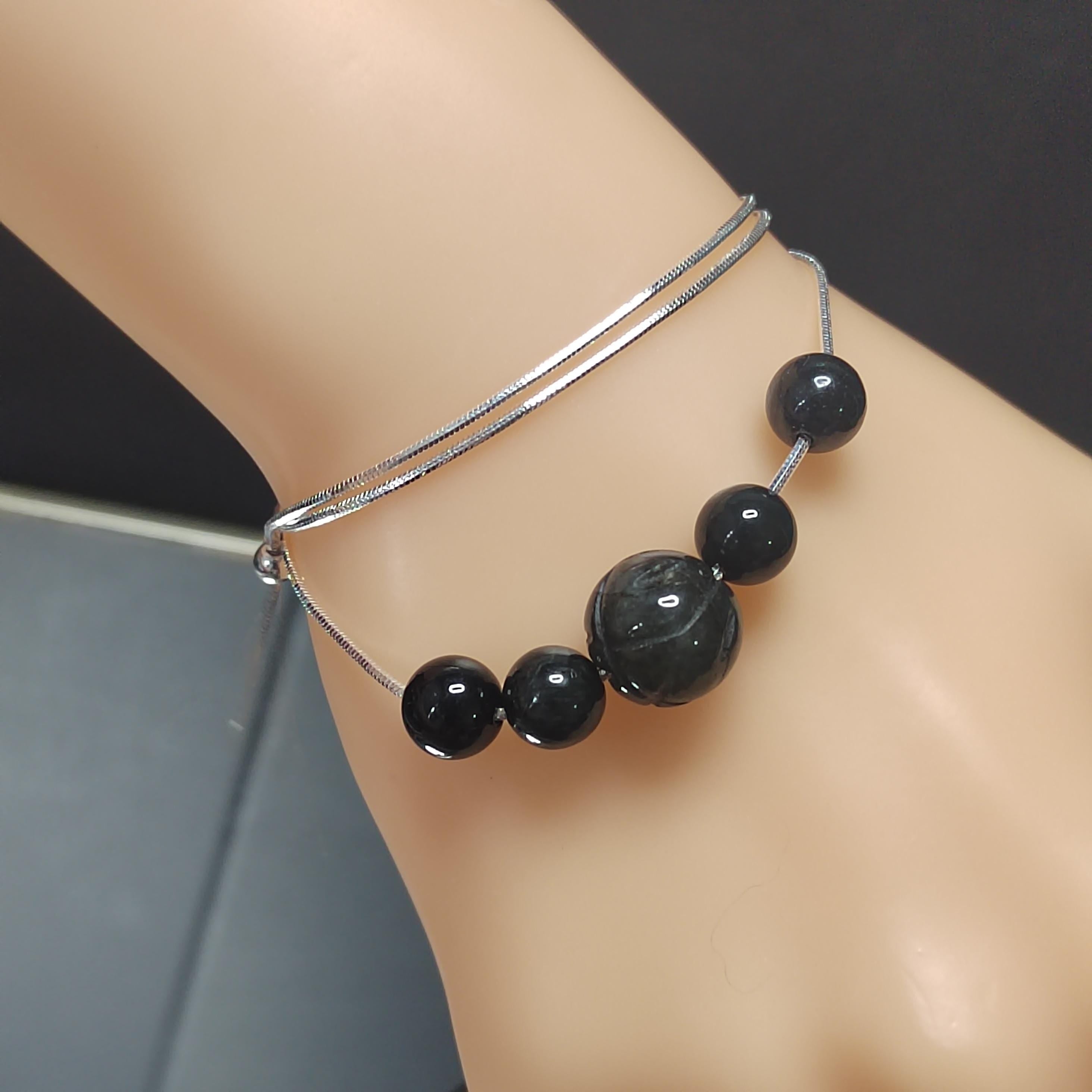 Natural Burmese Black Ink Wuji Jadeite Necklace | Minimalist Design | S9999  Silver Filled Vermeil Adjustable Chain | SL332
