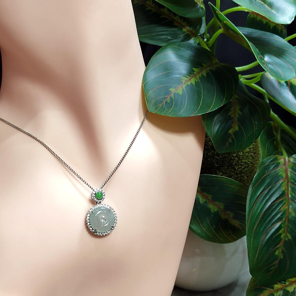 Certified A-Grade Icy White Green Burmese Jadeite Donut Shape Pendant Zirconia on 925 Silver Chain | Minimalist Design | For Her SL8007