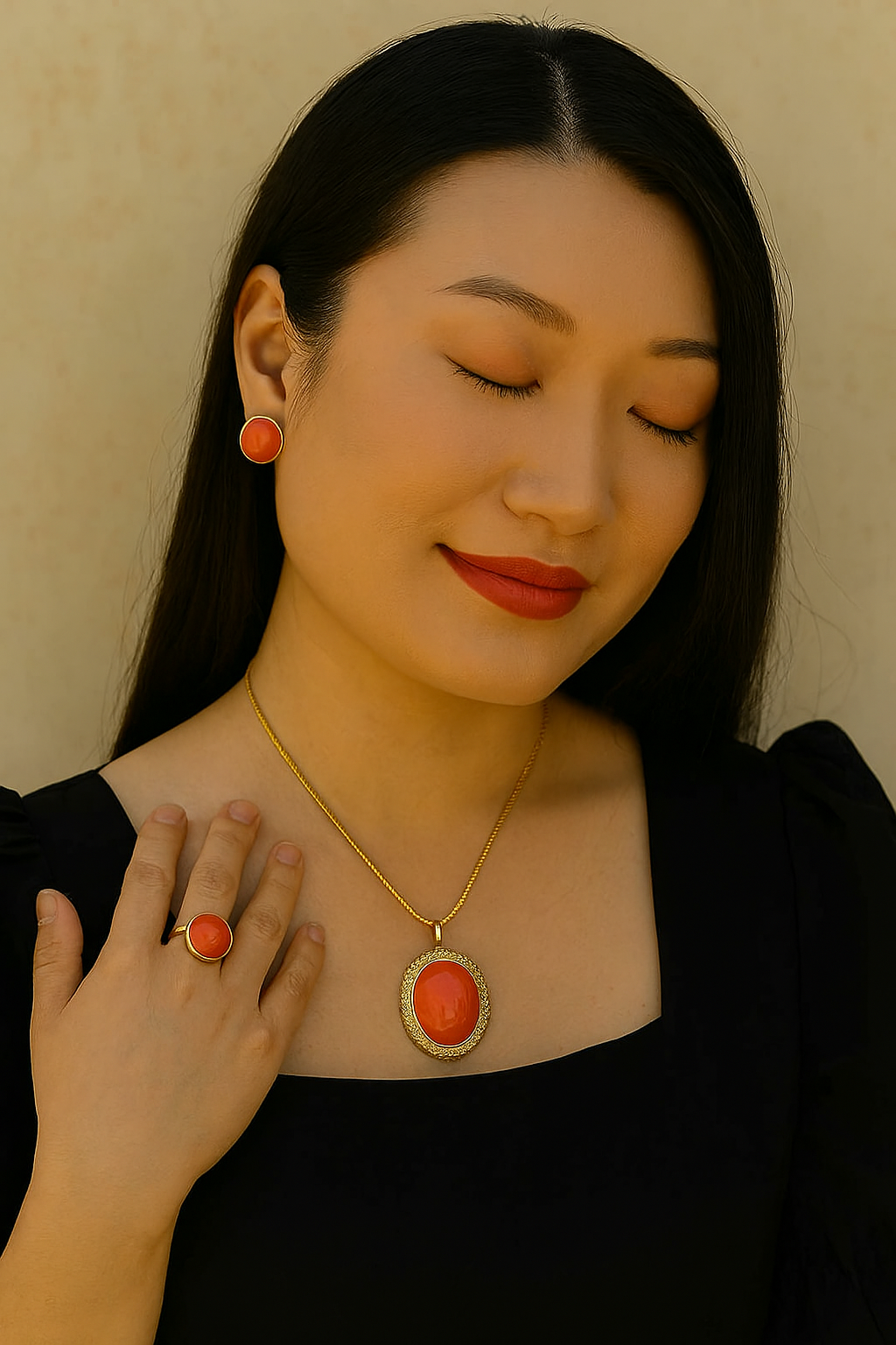 Woman wearing a gold necklace with a large red pendant and matching earrings.