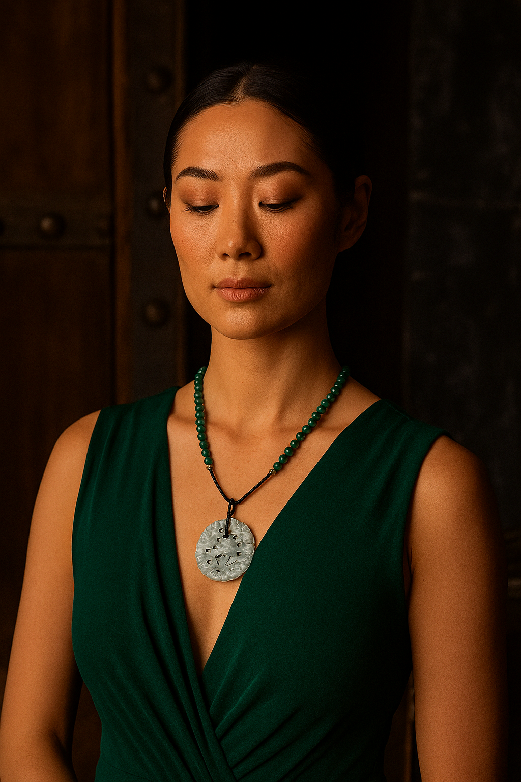 Woman wearing a green dress and necklace with a dark background