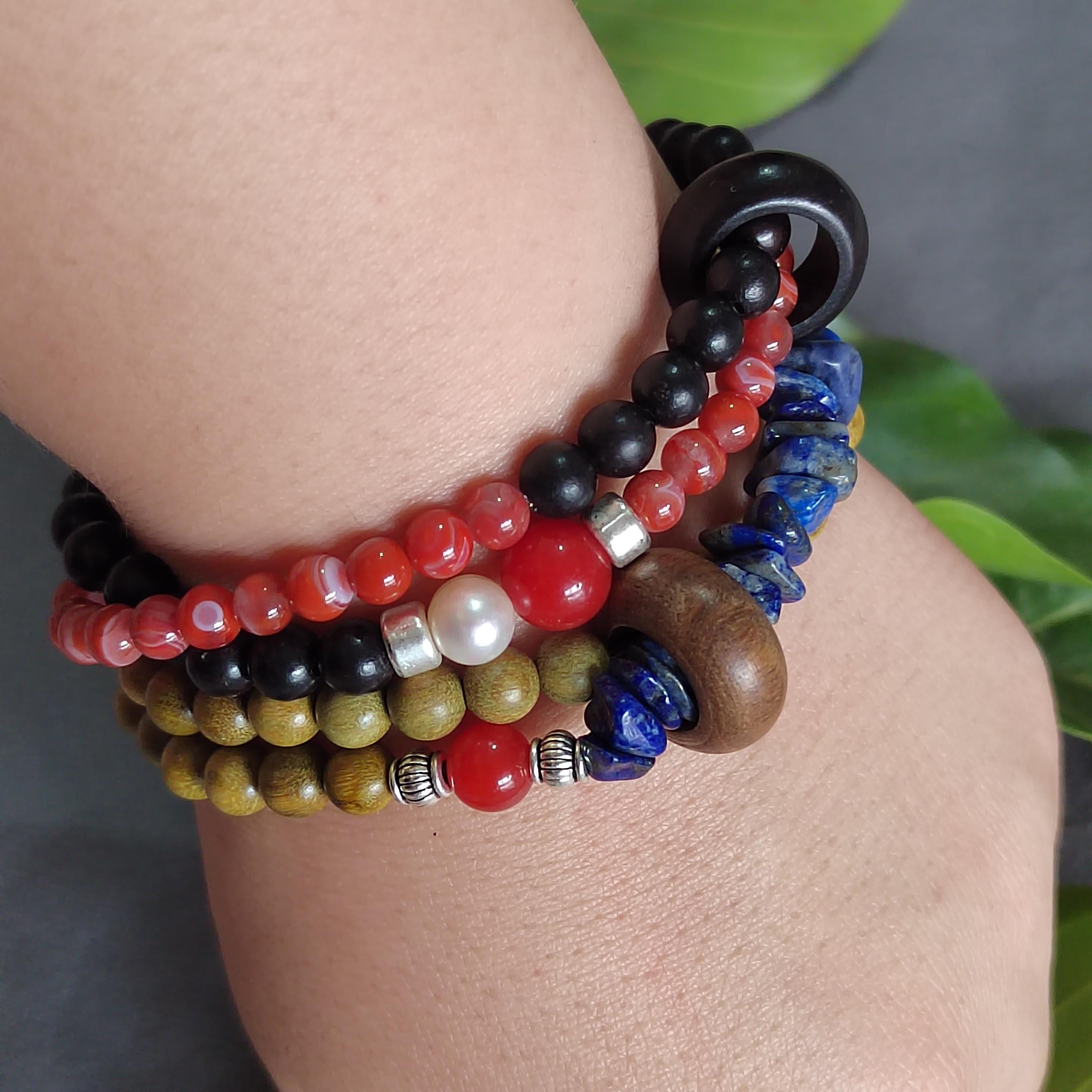 Handmade Stacking Bracelet Set | Ebony, Sandalwood, Pearl & Lapis with Natural Agate Beads | SL404