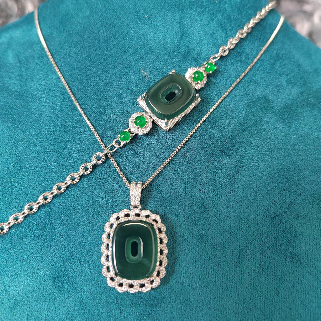 2pcs Set Square Natural Guatemala Bluish Green Bracelet Necklace 4 Imperial Green Jadeite Pendant Gemstone 925 18k Plated 老蓝水 SL053 - SL Precious