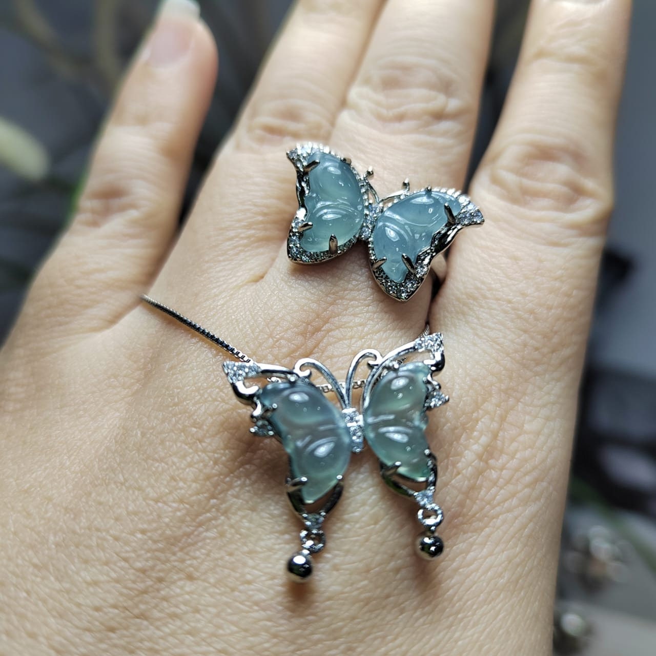 Natural Untreated Guatemala A-Grade Ring & Necklace Set Guatemala Natural Icy Ocean Blue Jadeite "Butterfly" Pendant on 18k White Gold Plate - SL Precious