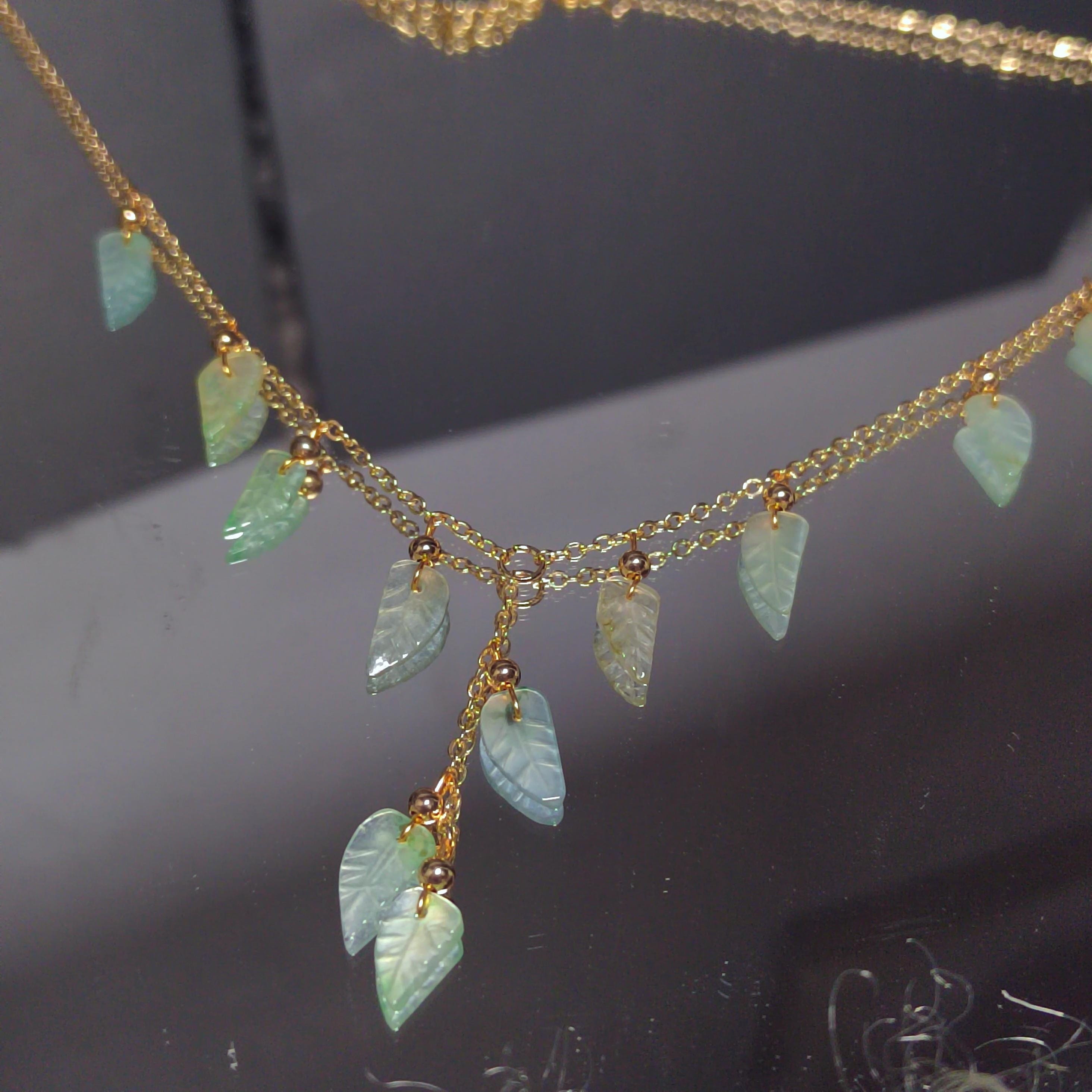 Certified A-Grade Natural Untreated Burmese Leaf Carved 14k GF Set V Shape Drop Design Necklaces | Any Occasion | For Her SL291