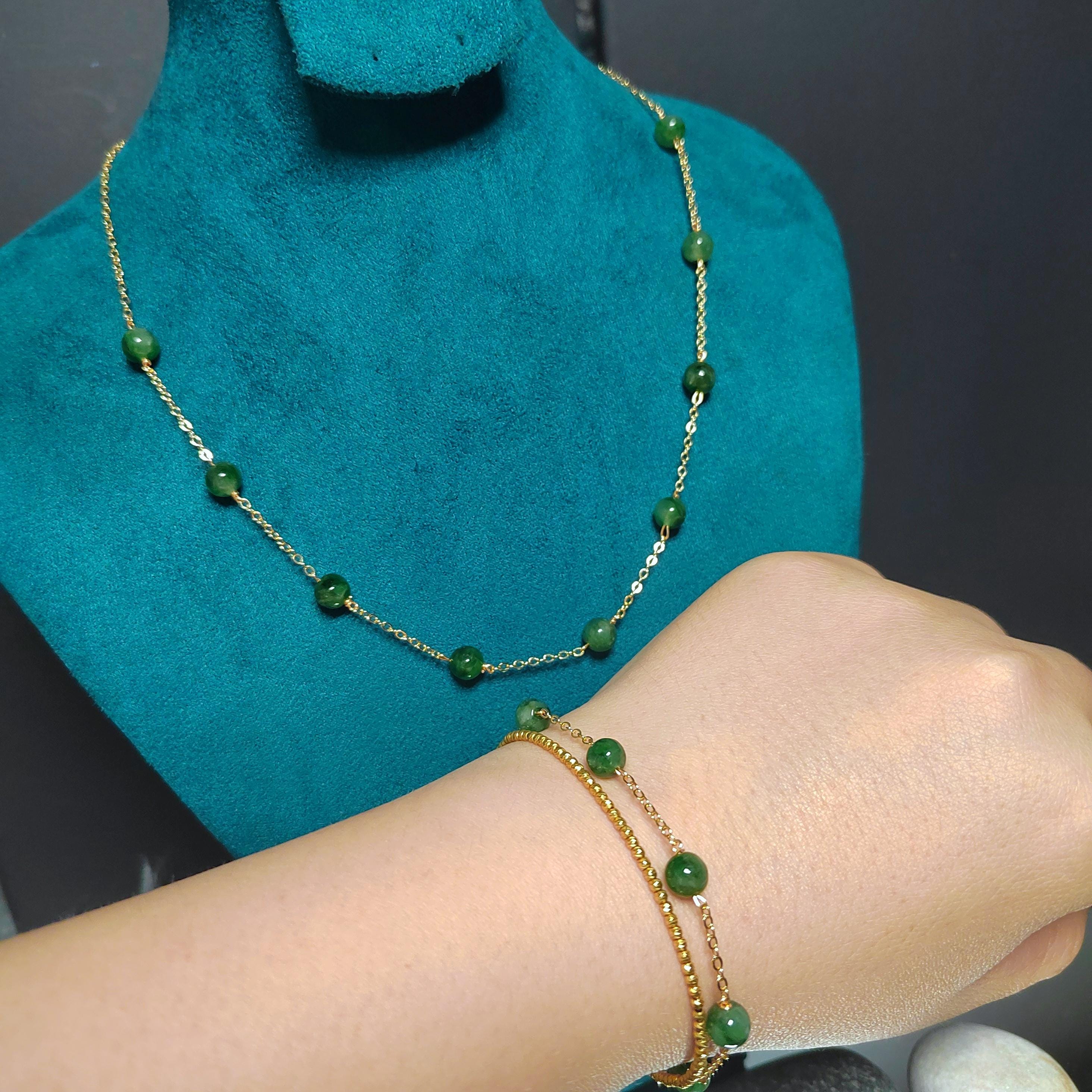 Certified 2pcs Set A-Grade Natural Untreated Burmese Minimalist Imperial Green Jadeite Simple Design Bracelet & Necklace For Her Gifts SL293
