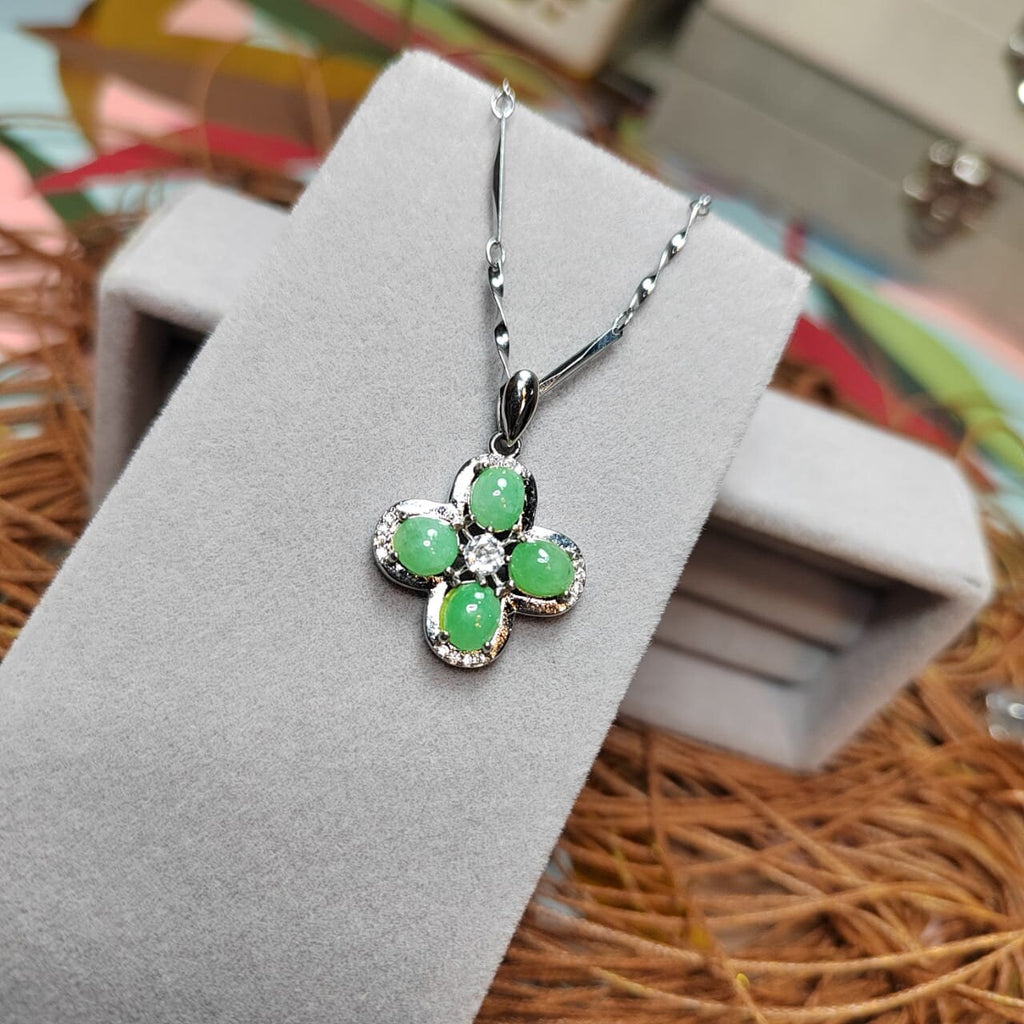 Elegant Burmese Green Jadeite Necklace with Zirconia - Genuine A-Grade Gemstone on 925 Silver Chain SL039 - SL Precious