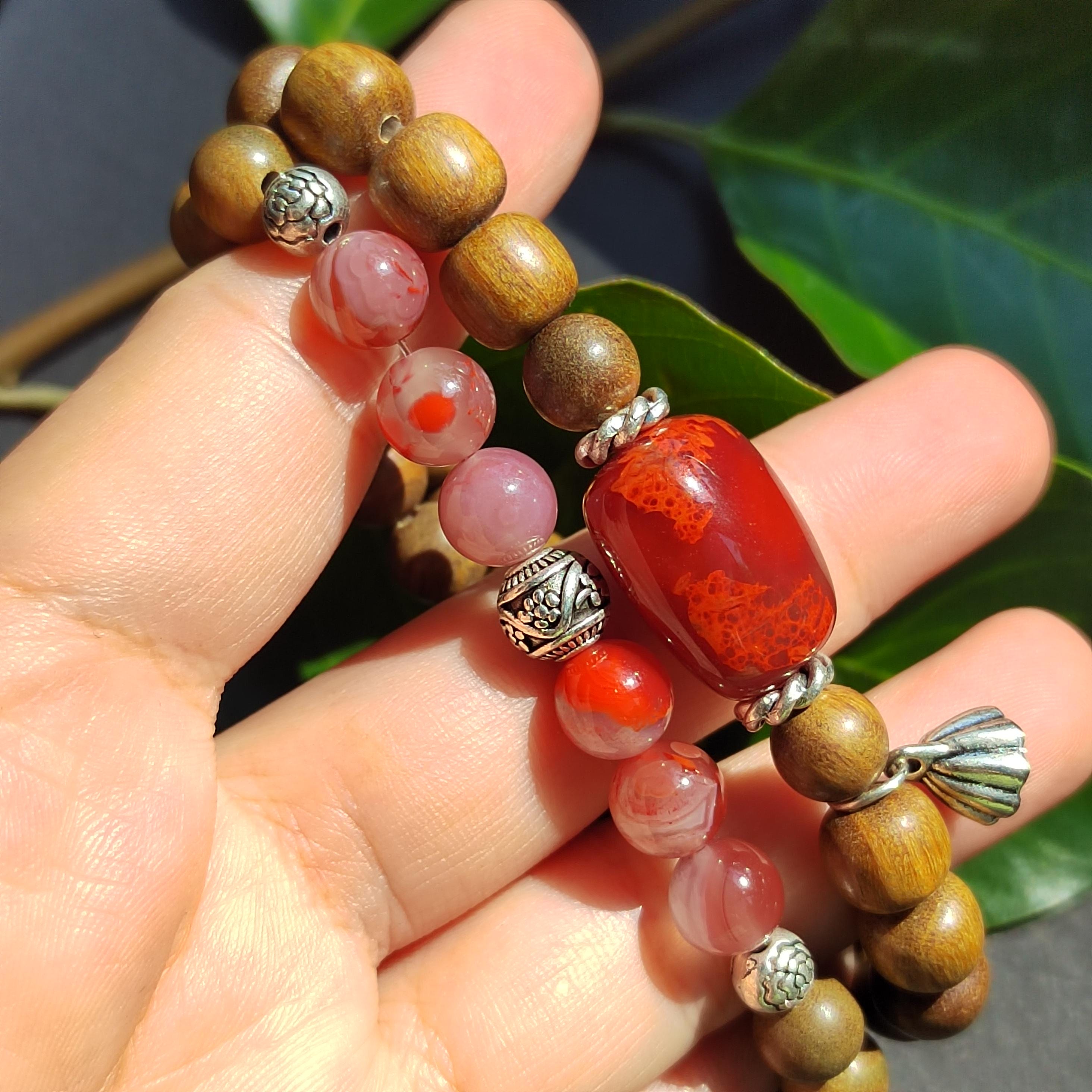 Nanhong Agate & Sandalwood Bracelet: 999 Silver Beads, Aromatherapy Jewelry SL403