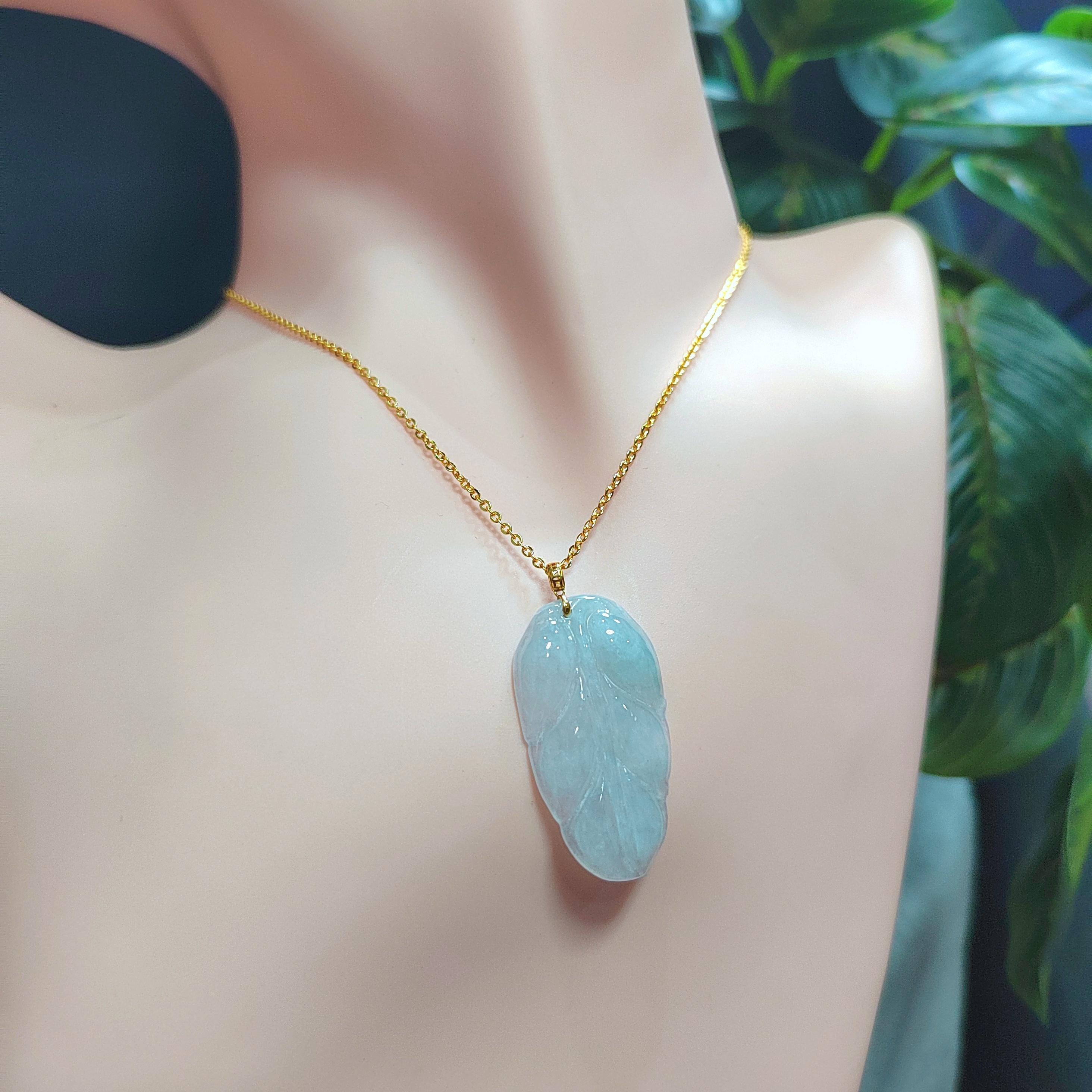 Certified Natural A-Grade Untreated Burmese Icy  Snow White| Green 雪花棉Leaf Jadeite Pendant | 18K Solid Gold Setting SL023 - SL Precious