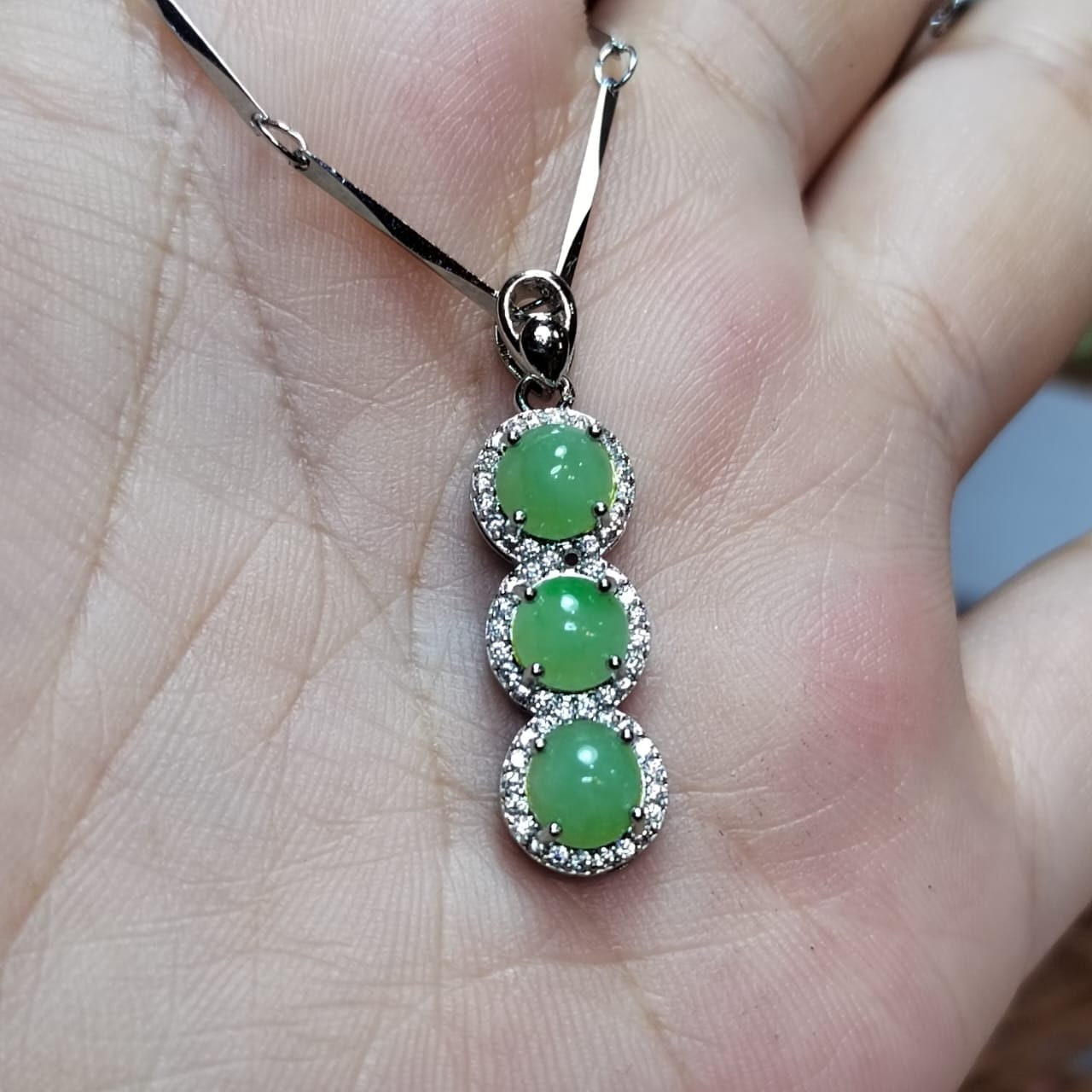 Burmese Jadeite Pendant on 925 Silver Chain - Glowing Trinity Design with Zirconia Accent SL038