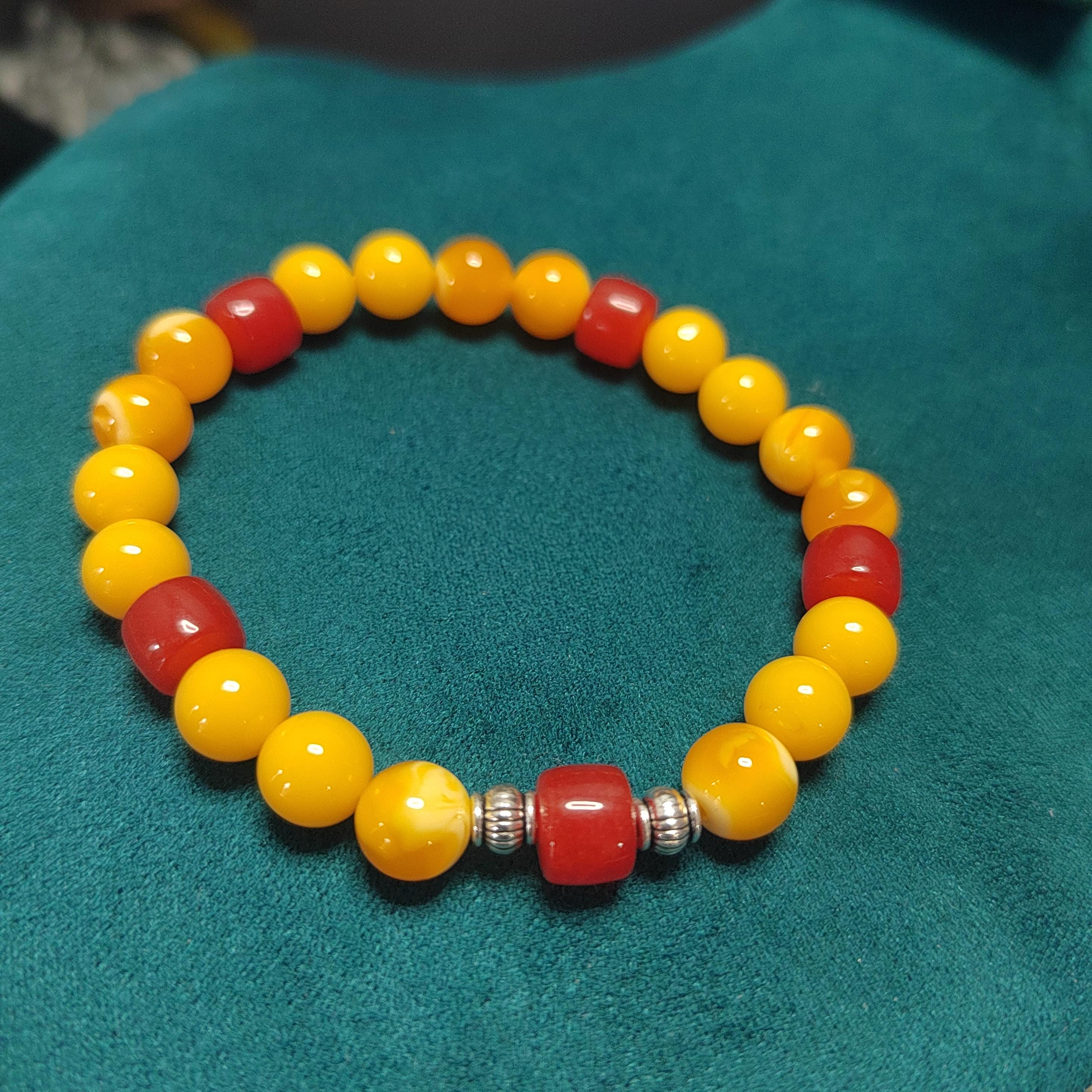 Natural Handmade Russian Baltic Beeswax Amber & China Southern Nanhong Agate S999 Pure Silver Bead Bracelet - Gifts for Her SL328