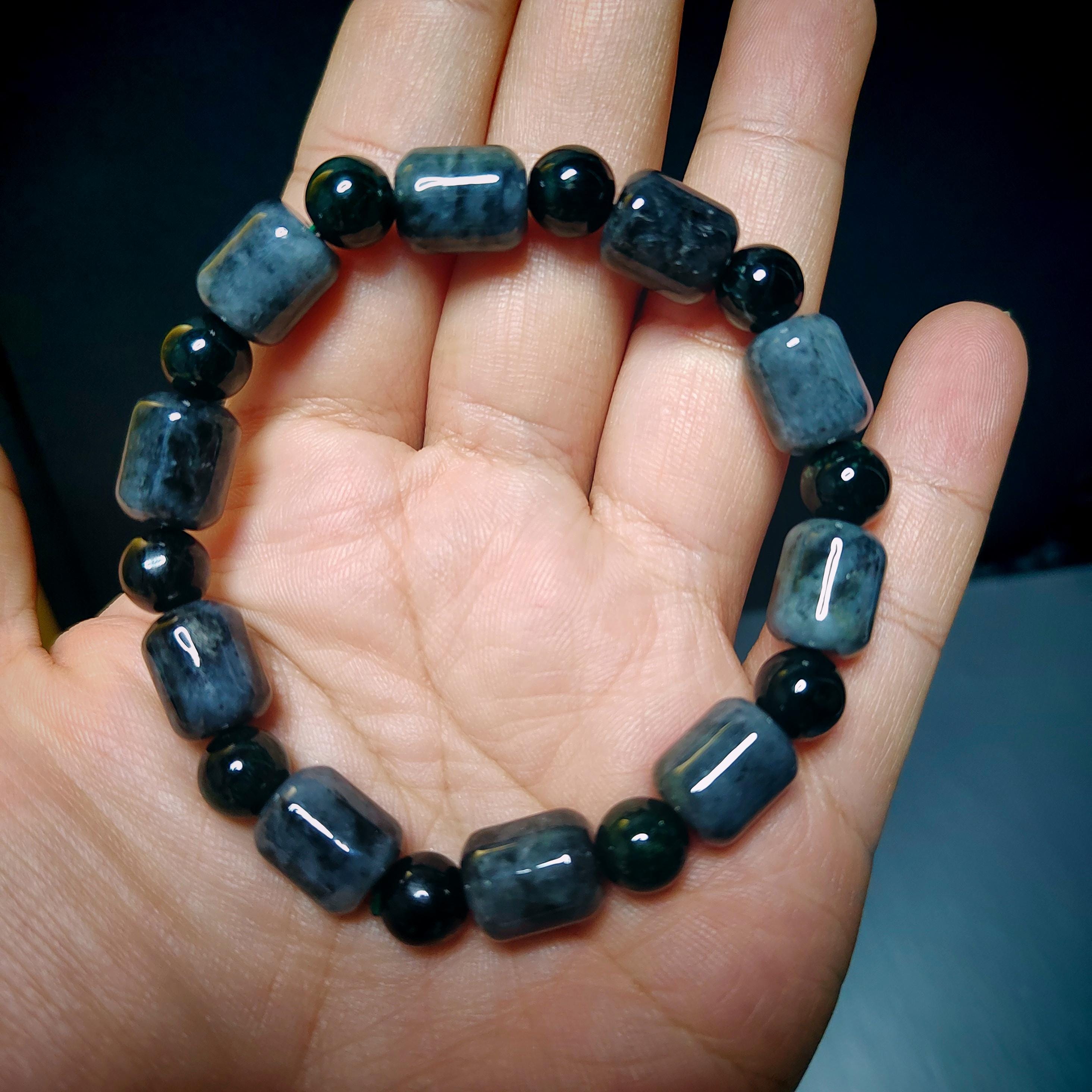 Natural Certified Burmese Cylinder Black/Grey Wuji & Round Bead Black Ink Jadeite Bracelet SL229 - SL Precious