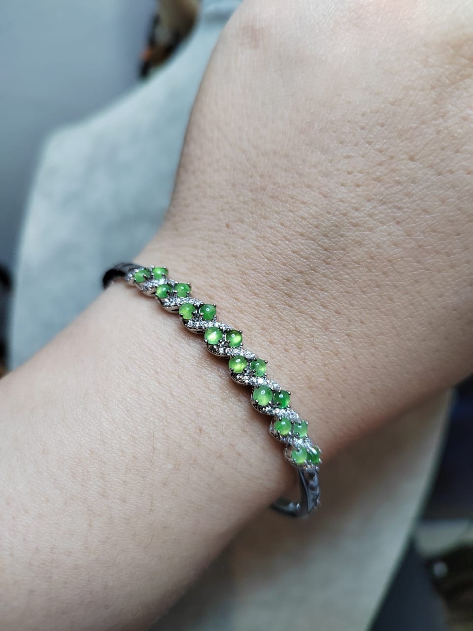 Sterling Silver Burmese Jadeite Bangle: Green Apple Zirconia Bracelet SL8013B - SL Precious