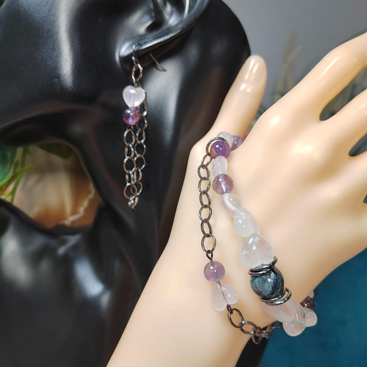Handmade Trendy Design Rose Pink Quartz, Auralite 23 Amethyst and Wuji Jadeite Bracelet & Earring Set SL015 - SL Precious