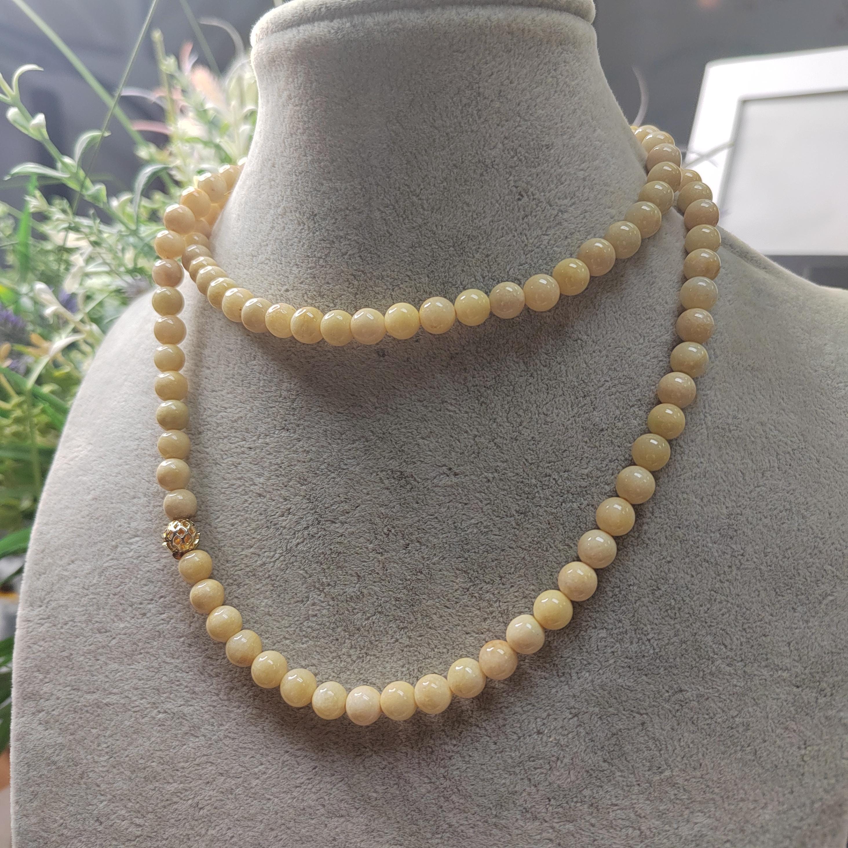 Certified A-Grade Natural Untreated Burmese Creamy Yellow Beads 77cm Long Jadeite Necklaces 7mm SL365A