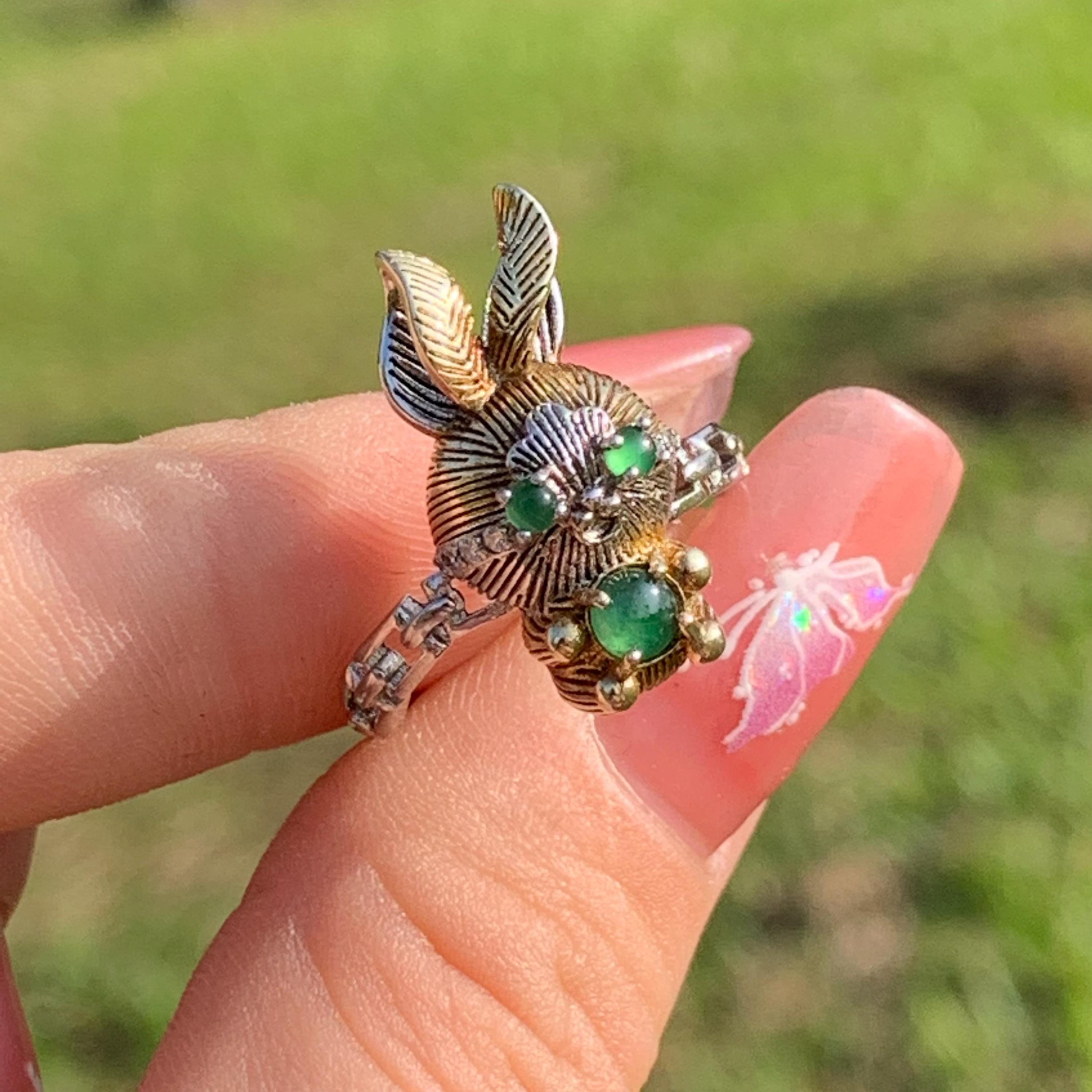 Certified Natural Untreated Imperial Green Rabbits S925 Sterling Silver Jadeite Ring With Zircon Setting SL242X1 - SL Precious