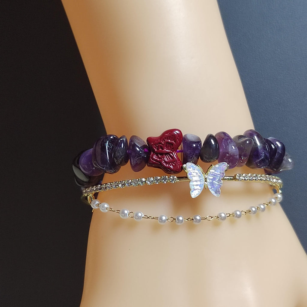 Natural Purple Amethyst Quartz Butterfly Cinnabar Layer Bead Bracelet Mix & Match SL167 - SL Precious