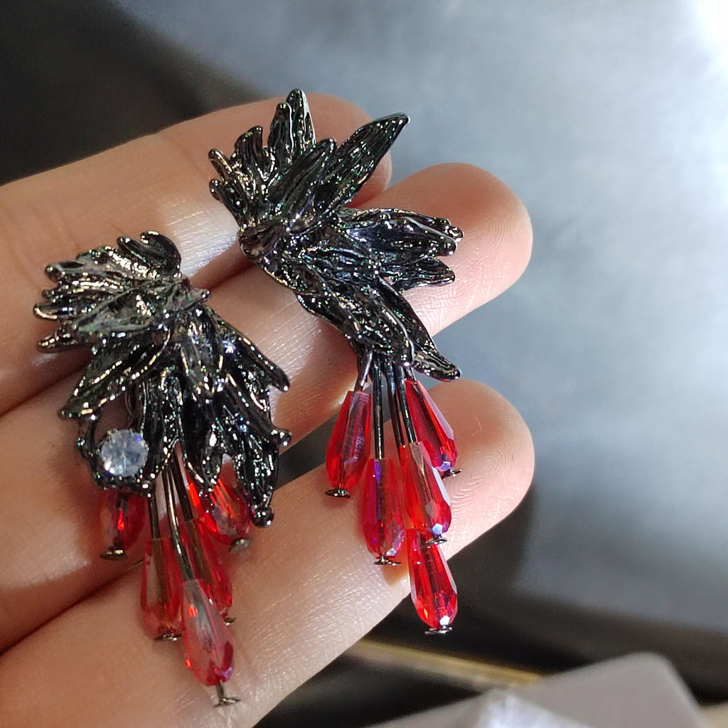 Super Trendy Designs Earrings | Black Silver Plated Zircon Red Glass Bead | Party, Anniversary, Wedding, Casual | For Her SL156 - SL Precious