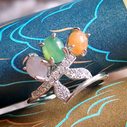 3 Colors Certified Natural Gemstone Untreated Burmese Jadeite Elegant Lower Leaf Yellow, Green, White with Zircon Accents S925 Ring SL134 - SL Precious