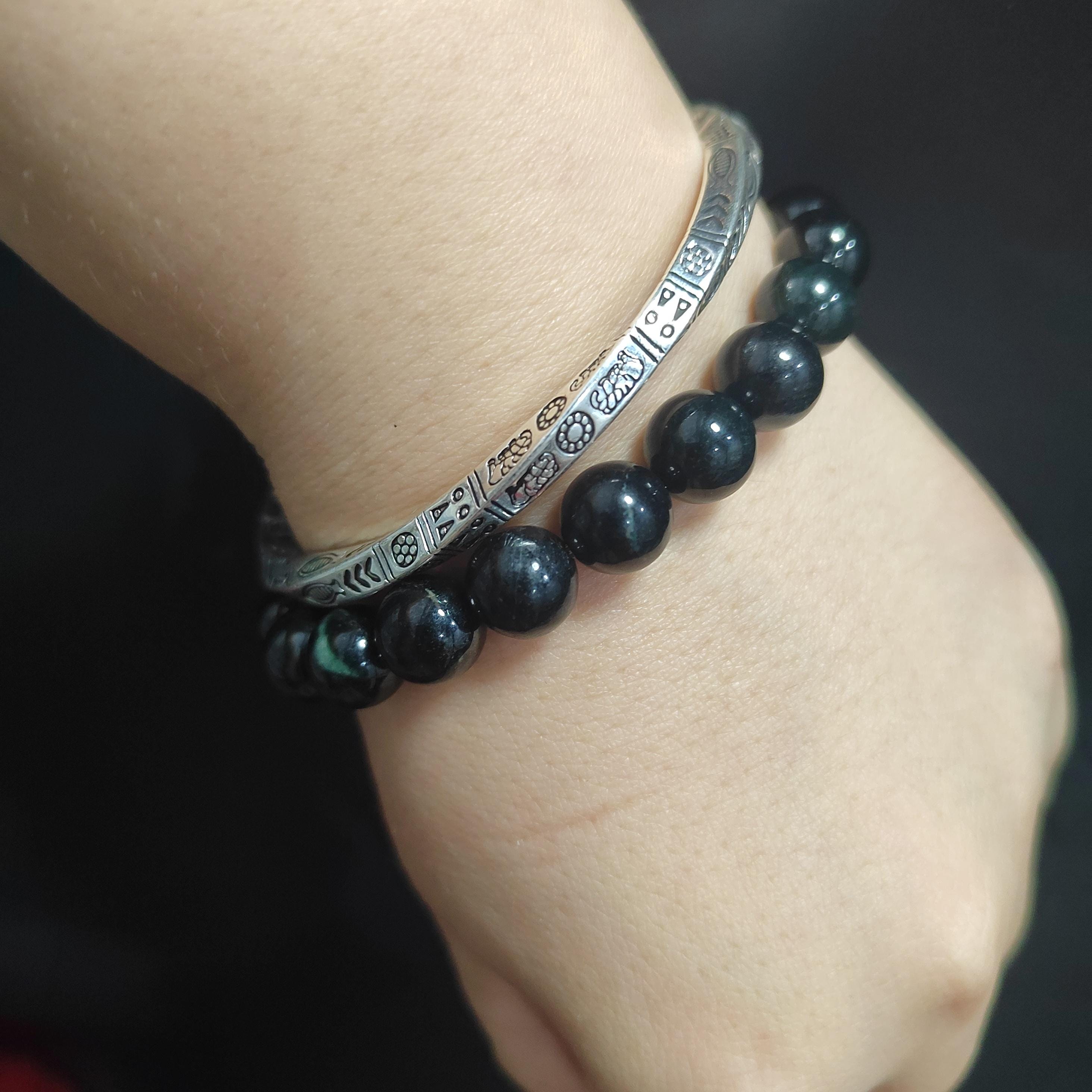 S9999 Silver Filled Vermeil Twitter Punk Bangle & Burmese Black Ink Jadeite Bead Bracelet | Vintage Unisex Gift Set SL237
