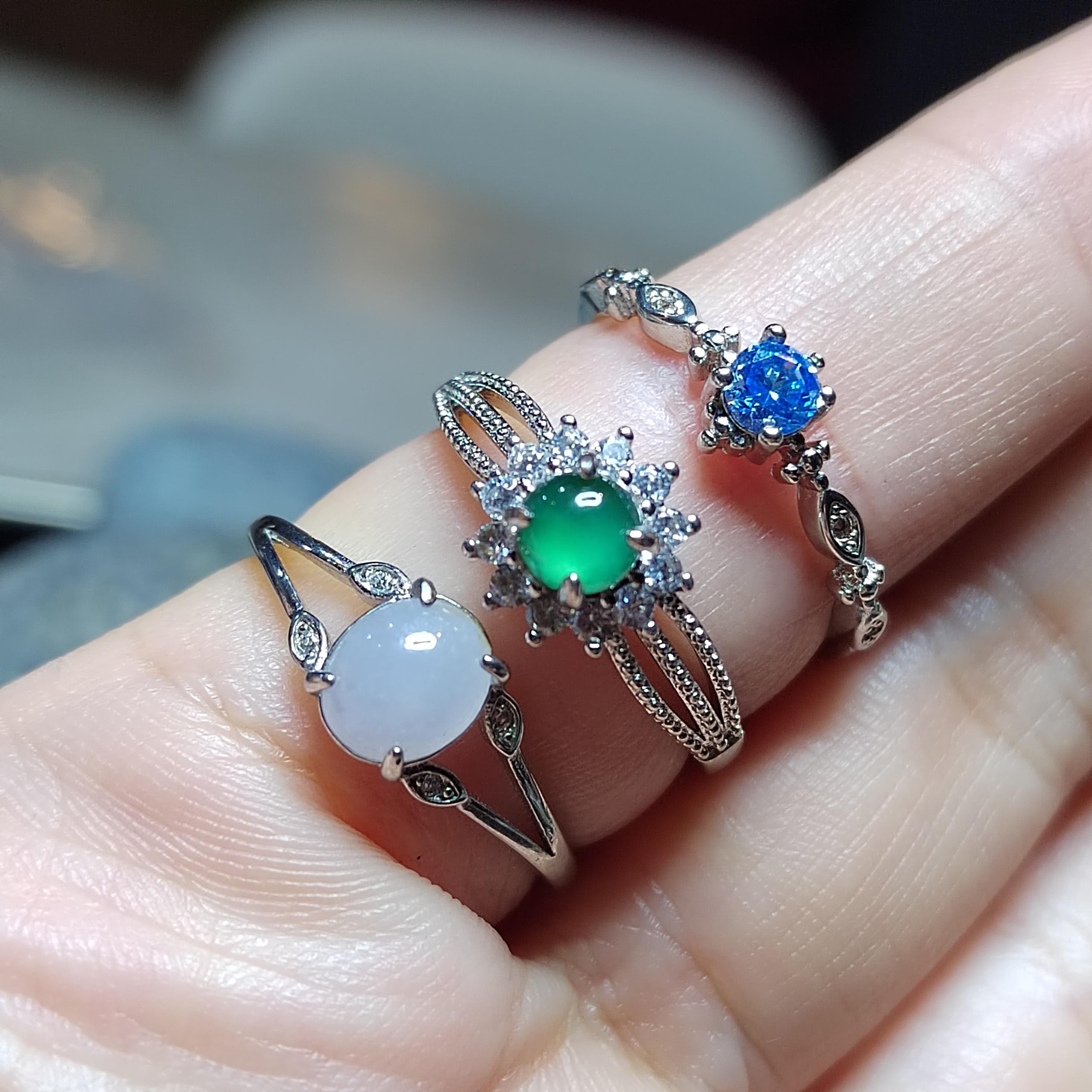 3pcs Set – Burmese White Jadeite, Guatemala Green Jadeite & Blue Topaz Rings | S925 Silver | Elegant Mixed Energy Trio | SL408