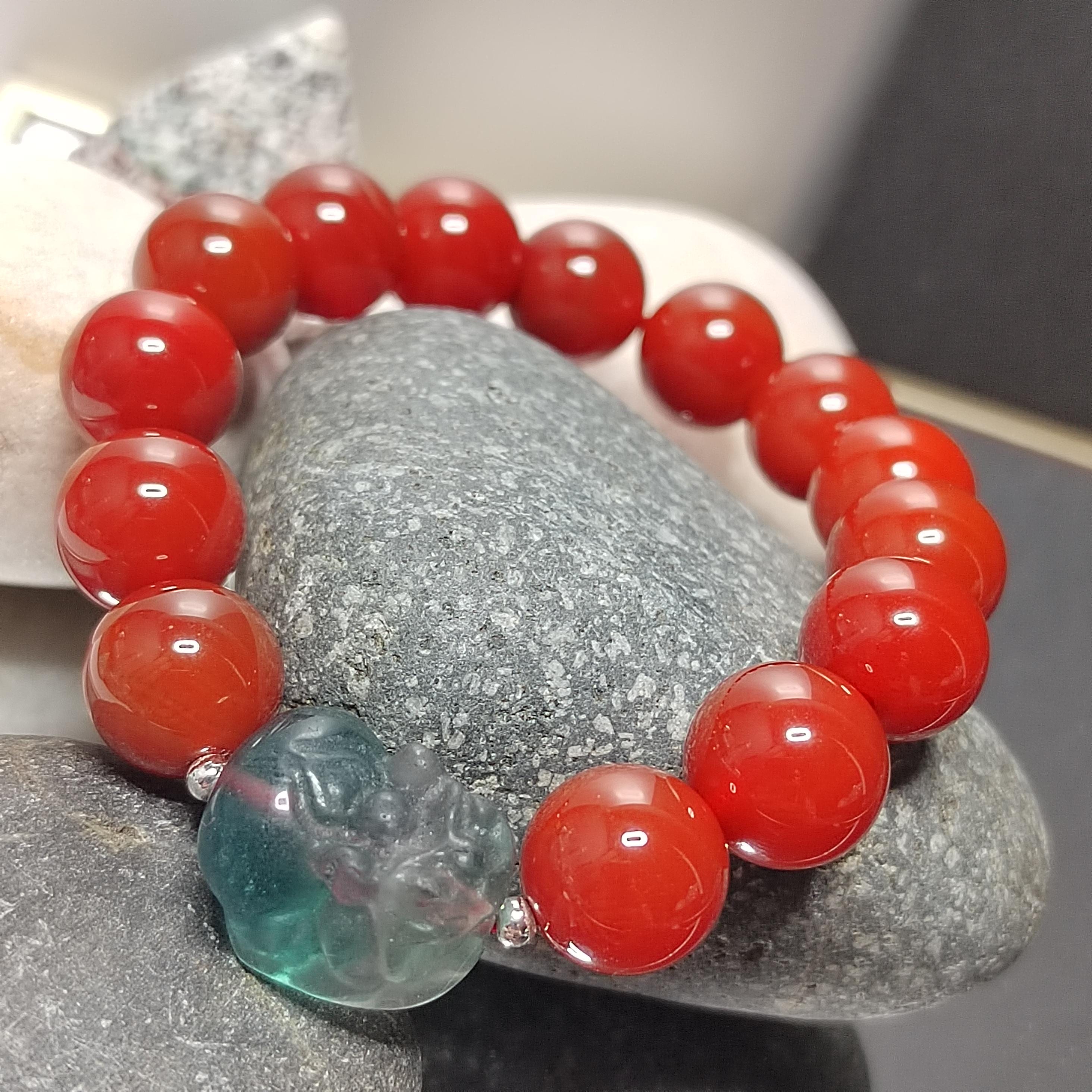 Certified A-Grade Natural China Baoshan Southern Red Oily Nanhong & Fluorite Brave Troops Bead Bracelet Handmade Design SL282