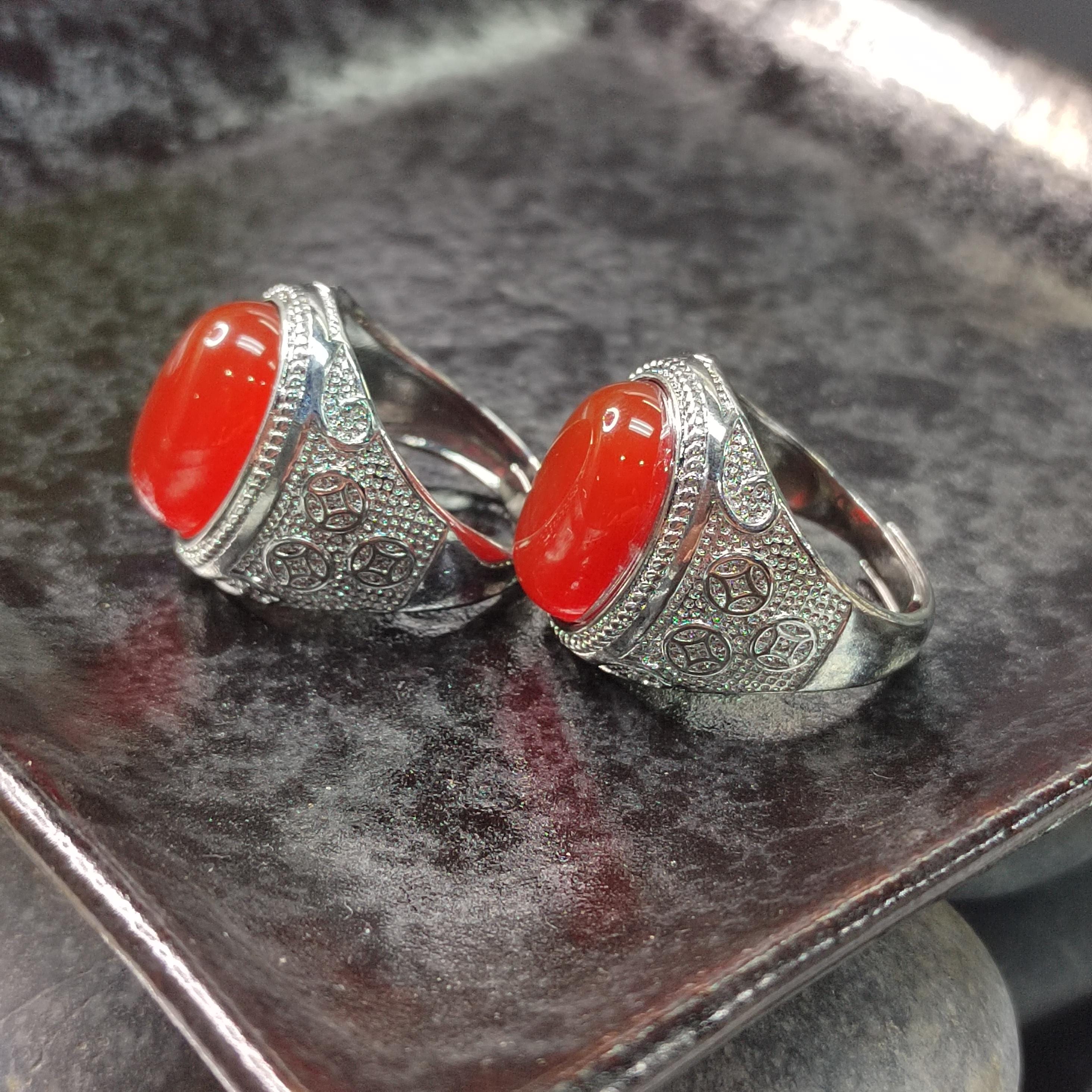 Natural Baoshan Nanhong Icy Red Agate Large Men’s Ring | Adjustable | Rare Collector’s Gemstone | 18K White Gold Plated SL361