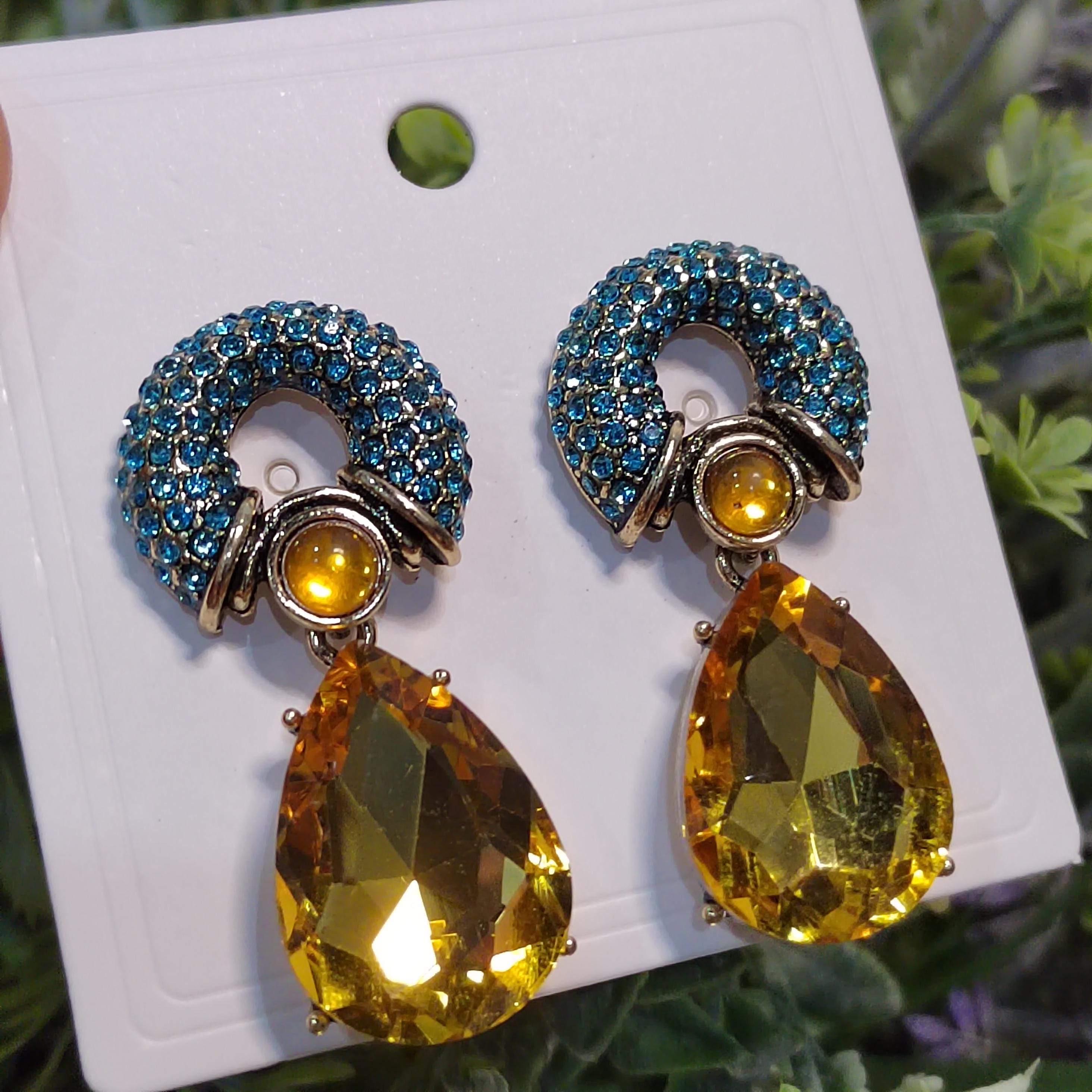 Rhinestone 925 Silver Stud Chucky Earrings Luxury Blue Yellow Wedding, Anniversary, Party, Casual SL158 - SL Precious