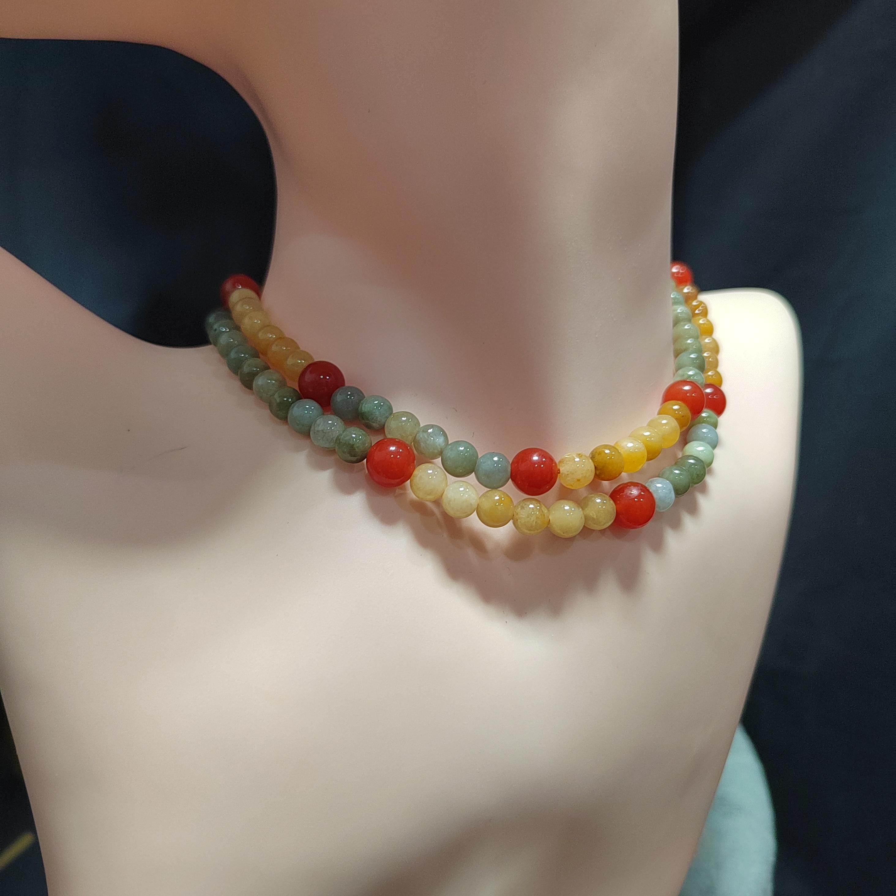 Natural Untreated Handmade Burmese Icy Yellow|Green Jadeite - Southern Yunna Baoshan Nanhong Cherry Red Bead Necklace SL363