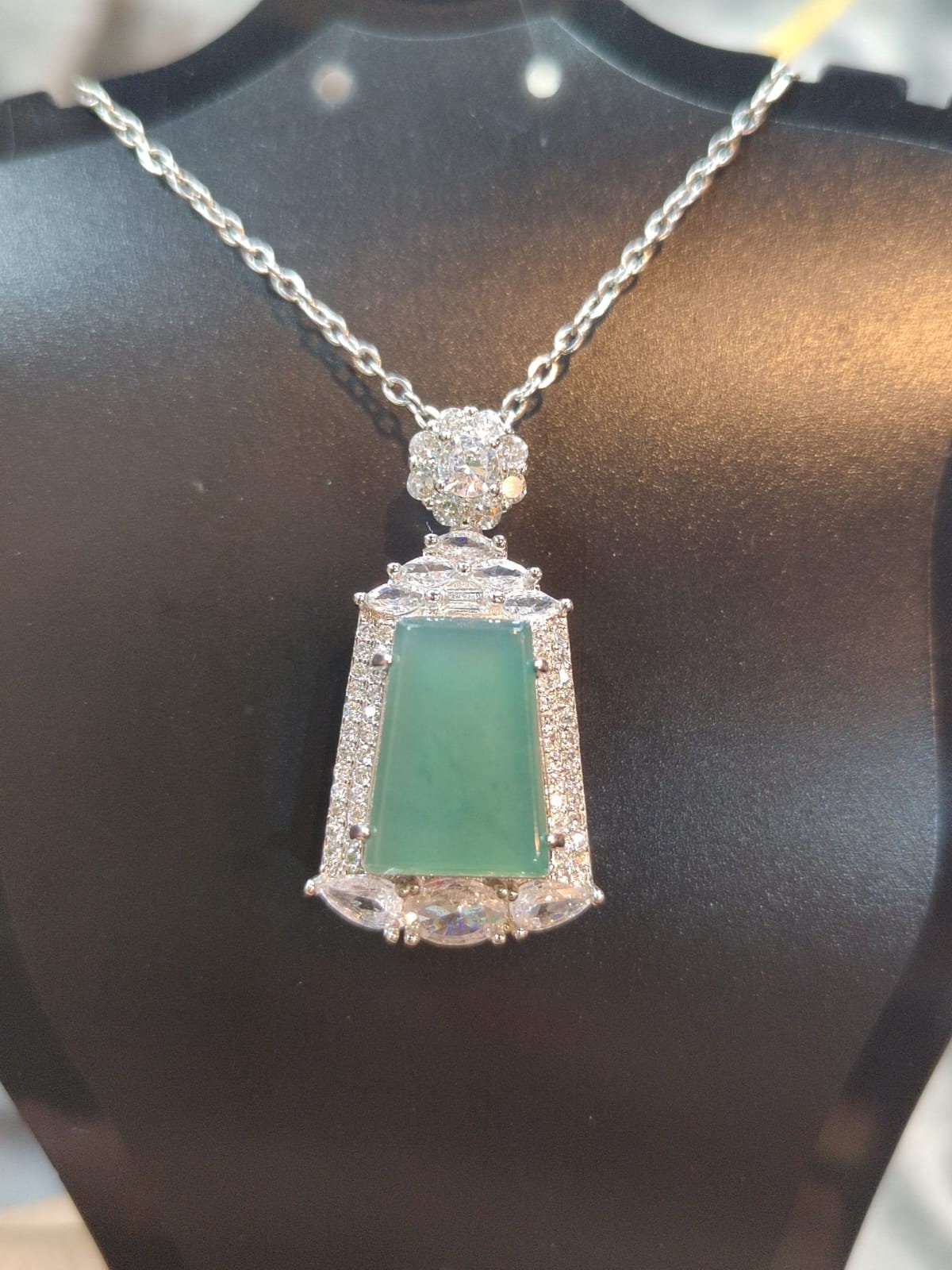 A-Grade Gemstone Elegant Guatemala Green Ocean Flat Cut Jade Pendant Necklace | Brass Plating & Zirconia | For Her SL8009