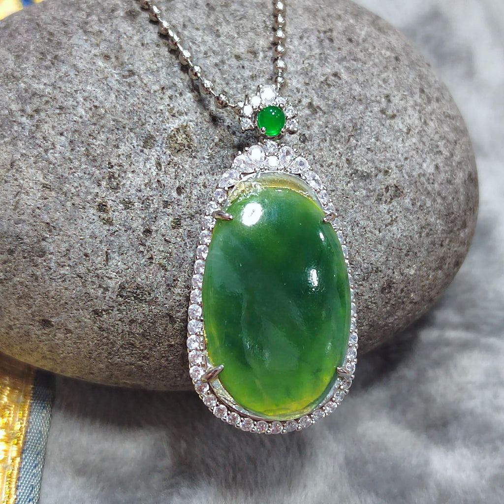 Certified Natural Burmese Necklace Dark Apple Green Jadeite with Zirconia Accents On 925 Silver Plated with 18K White Gold SL062 - SL Precious