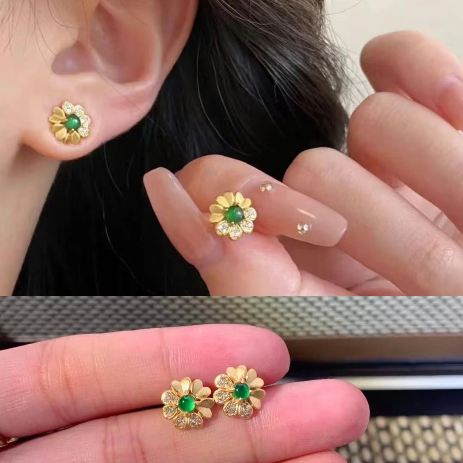 Certified 3 Different Types Natural  Imperial Green Minimalist Stud Guatemala Jadeite Earrings 18k Plated on 925 Sterling Silver SL349x29