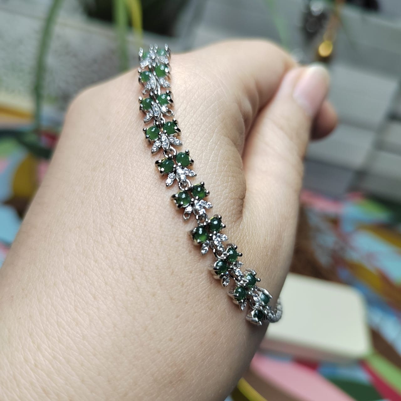 A-Grade Guatemala Small Icy Green Jadeite Beads with Zirconia Stones "Butterflies" on 925 Silver Bracelet SL029