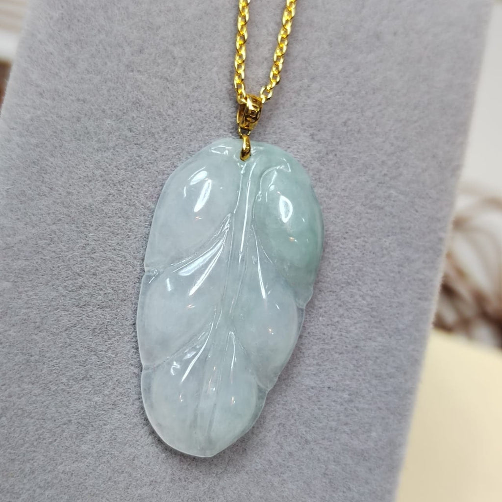 Certified Natural A-Grade Untreated Burmese Icy  Snow White| Green 雪花棉Leaf Jadeite Pendant | 18K Solid Gold Setting SL023 - SL Precious