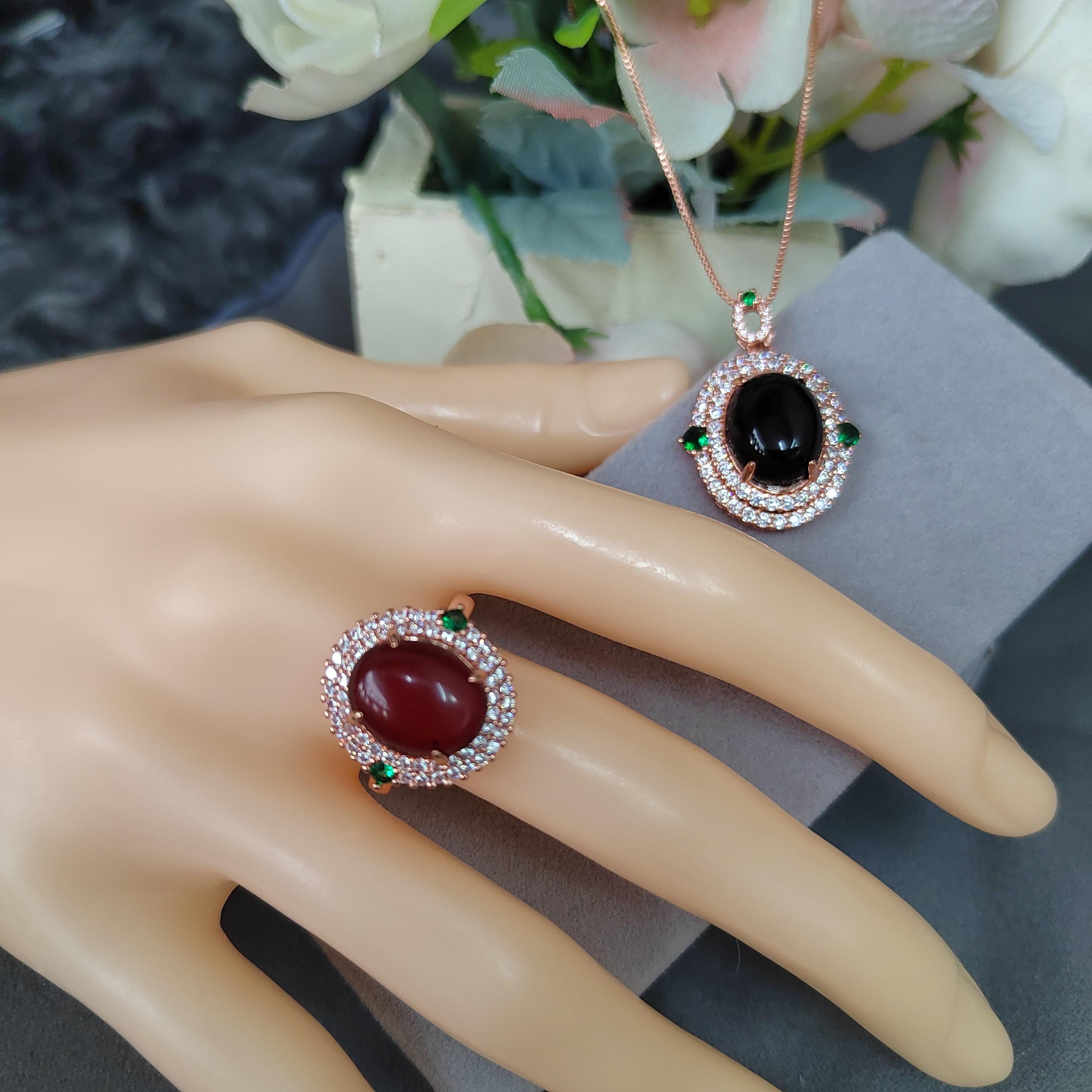 Cherry/Blood Cheer Amber Natural Gemstone Burmese Untreated 2-in-1 Set | Ring, Pendant/Chain with Zirconia | For Her SL125 - SL Precious