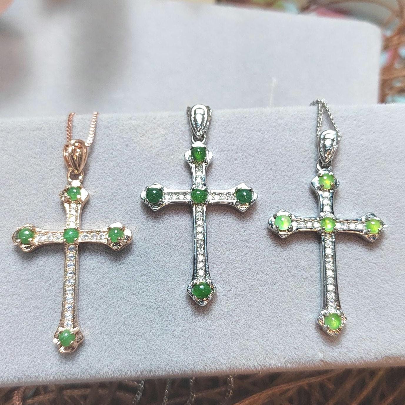 Natural Burmese Jadeite Apple Green, Imperial Green & Bright Green 925 18k White/Rose Gold Christian Cross Pendant/Chain Jewelry SL030 - SL Precious