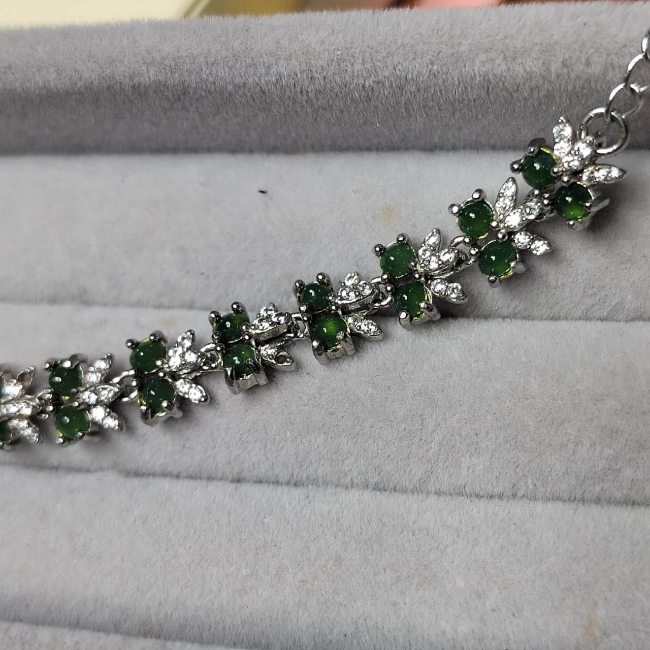 A-Grade Guatemala Small Icy Green Jadeite Beads with Zirconia Stones "Butterflies" on 925 Silver Bracelet SL029