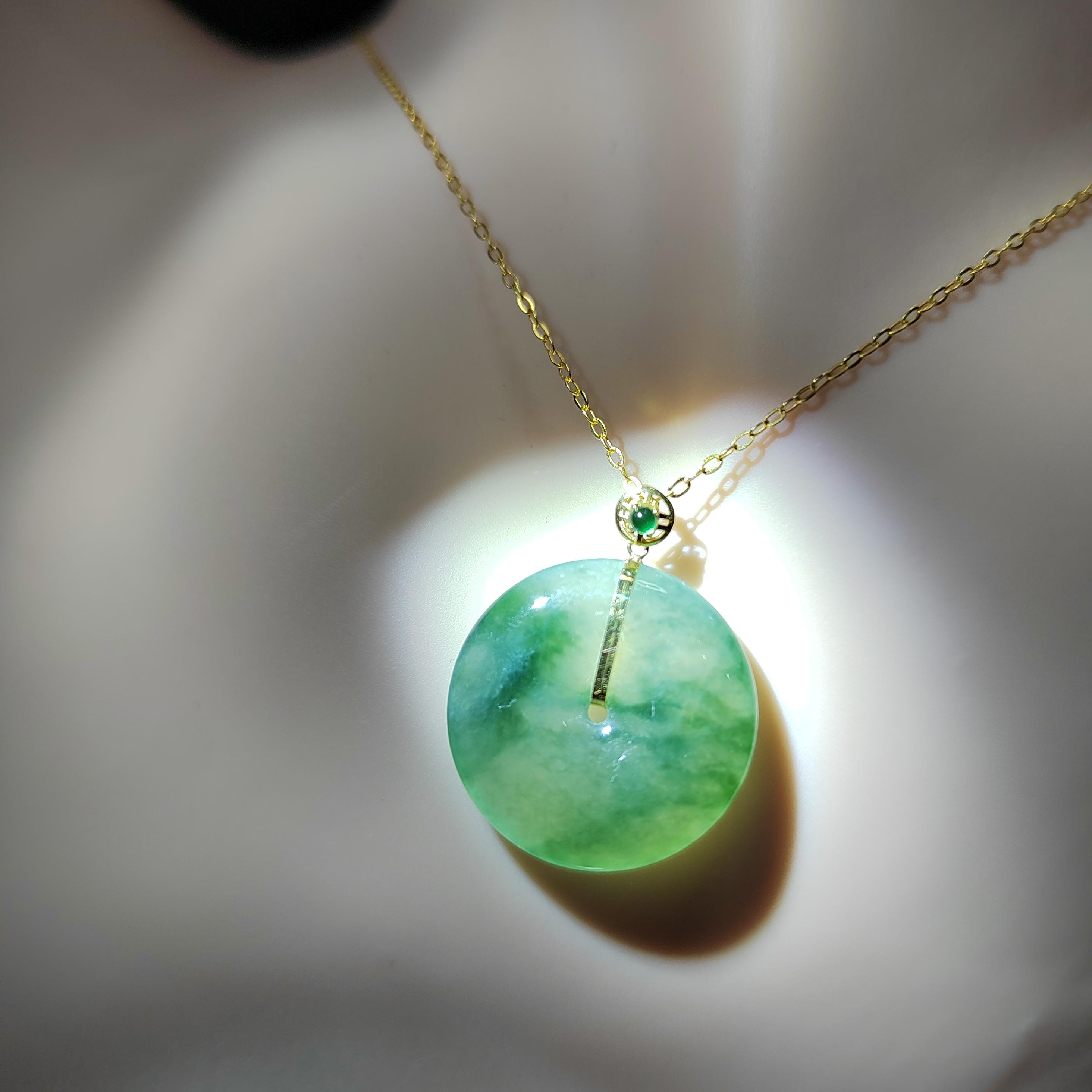 Certified A-Grade Natural Untreated Burmese Dynasty Design Icy Floral Green Donut Jadeite Pendant 冰飘花 G18K SL375