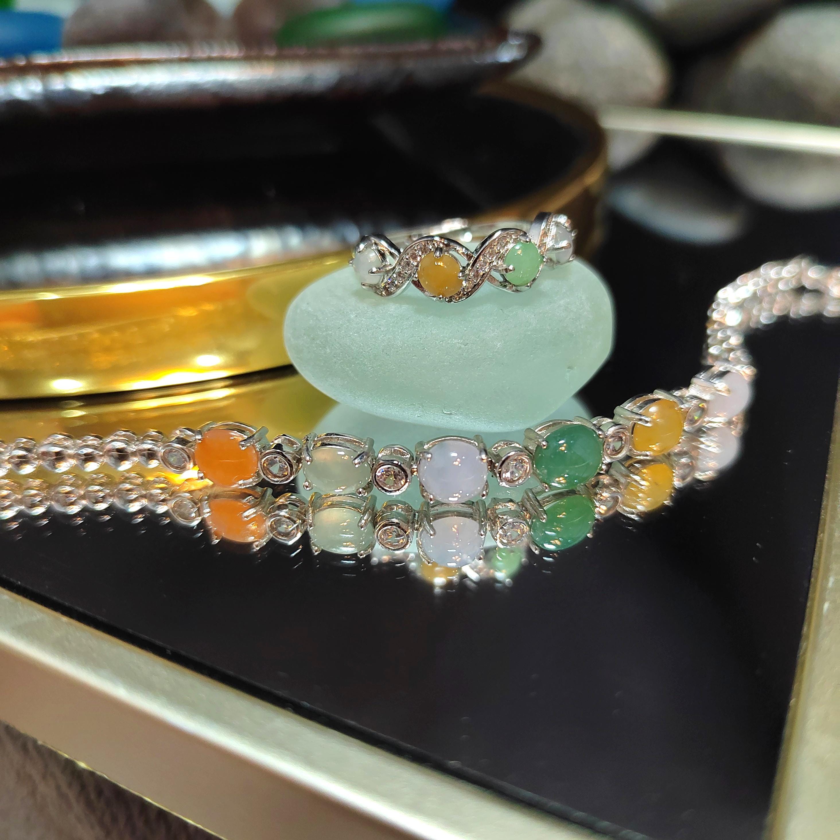 Burmese Gemstone Lucky Color Natural Jadeite Bracelet & Ring Set 925 Silver Plated with 18K White Gold Zircon Accent For Her Minimalist SL08