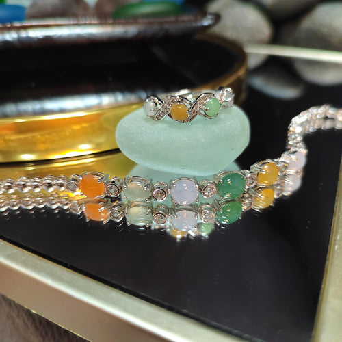 Burmese Gemstone Lucky Color Natural Jadeite Bracelet & Ring Set 925 Silver Plated with 18K White Gold Zircon Accent For Her Minimalist SL08 - SL Precious