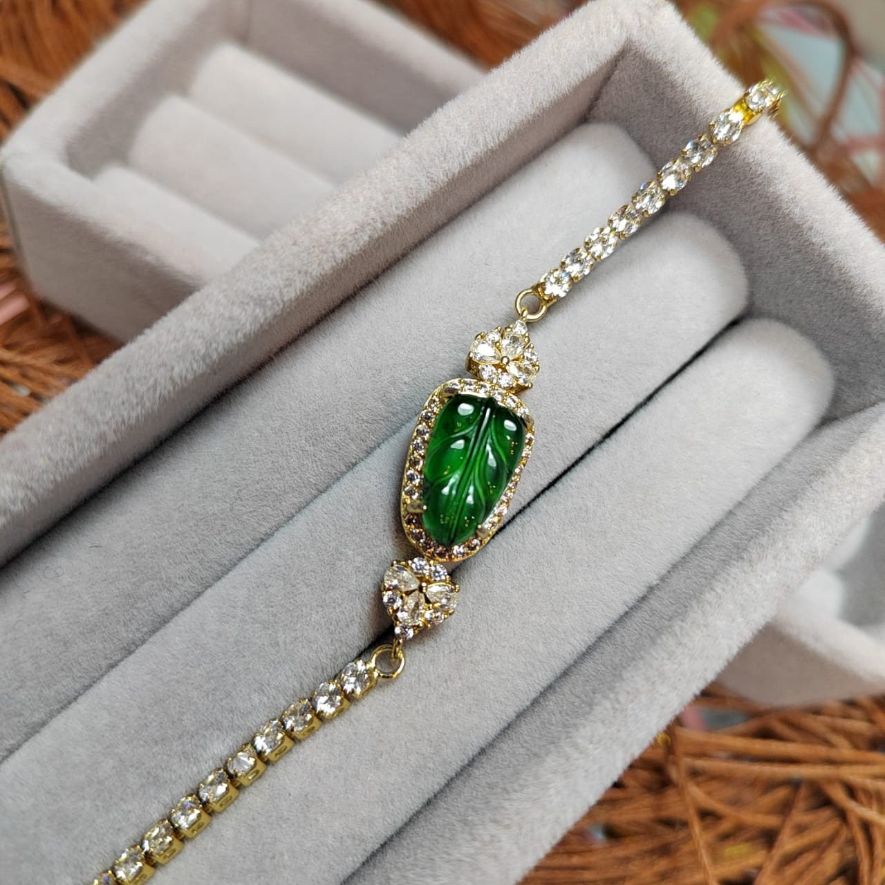 A-Grade Women Natural Gemstone Guatemala Imperial Geen Leaf Jadeite with Zircon on Gold Plated Bracelet For Her SL044