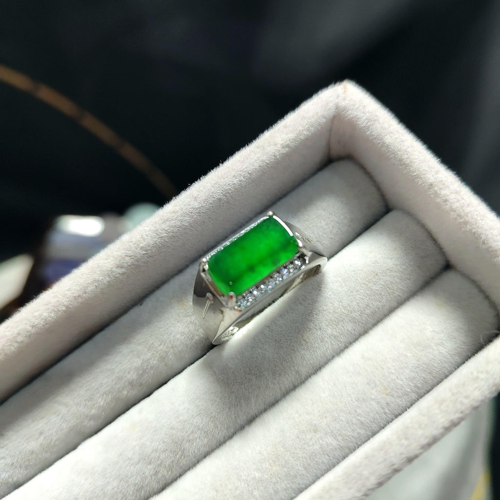 Certified A-Grade Natural Untreated Guatemala Imperial Green Men Ring S925 Sterling Silver Zircon Set SL374