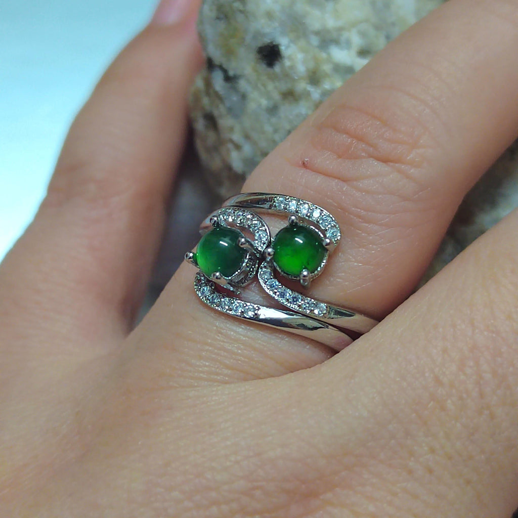 Certified A-Grade Natural Untreated Guatemala Imperial Green Z Style Design Jadeite with Zircon Set Ring S925 SL251X10 - SL Precious