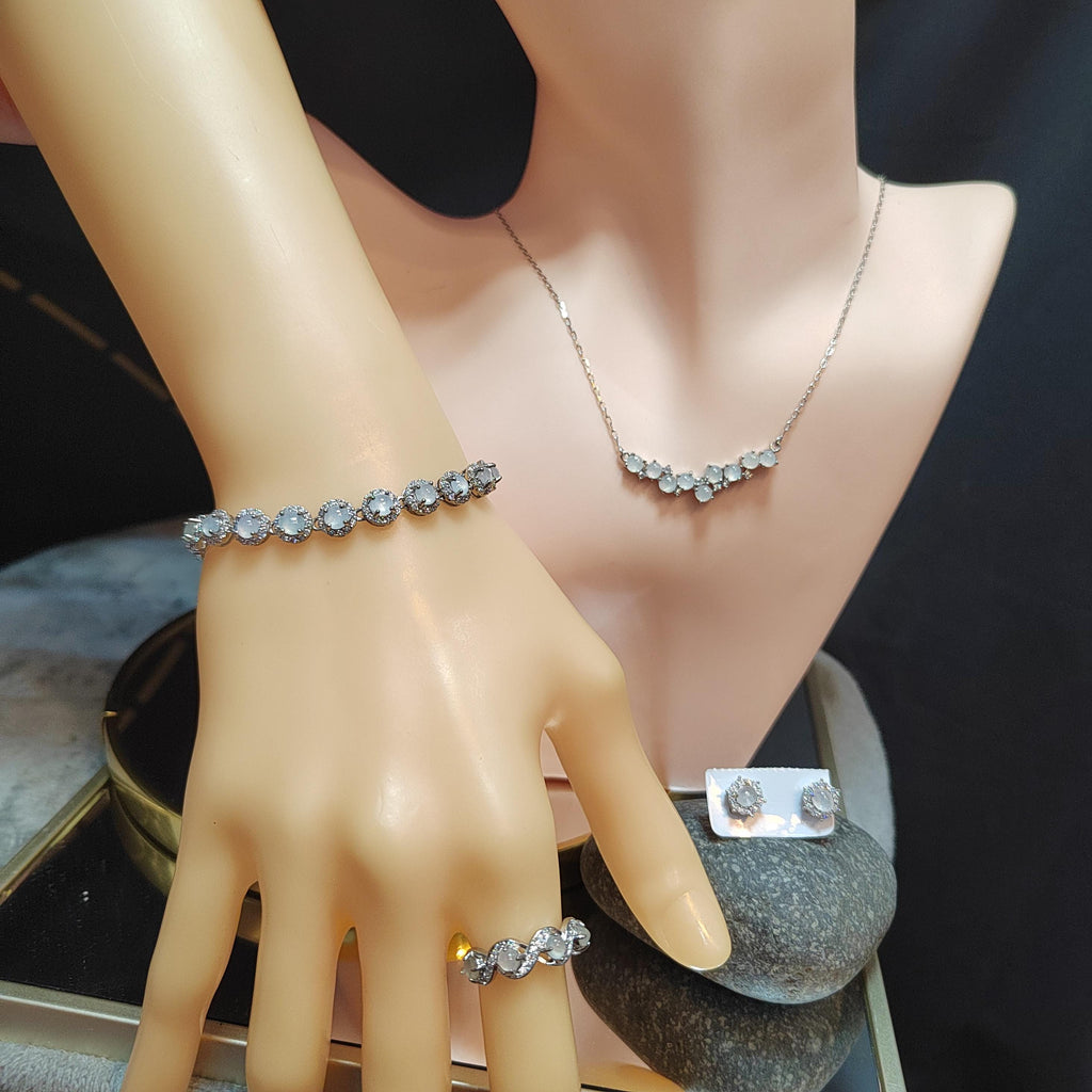 4pcs Set Women Burmese Gemstone A Grade Natural Untreated White Icy Zirconia Jadeite Earrings, Ring, Necklace, Bracelets SL130